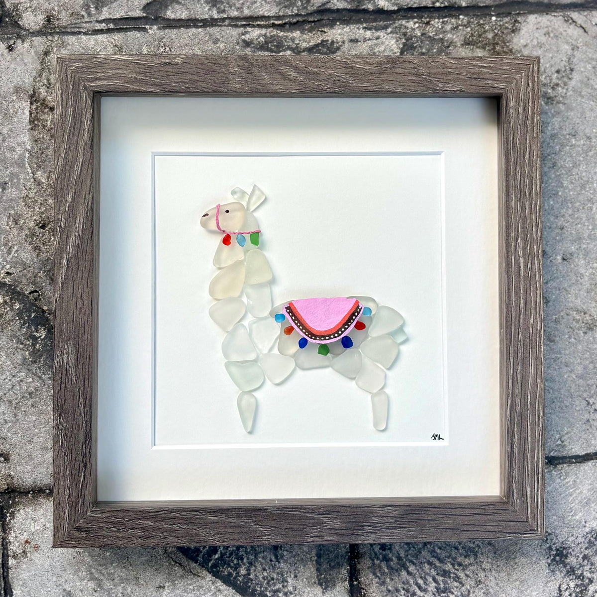 Colorful Sea Glass Llama Art | 9x9 Framed Colorful Alpaca Picture | Unique Handmade Wall Art for Llama Lovers | Gift for Animal Lover