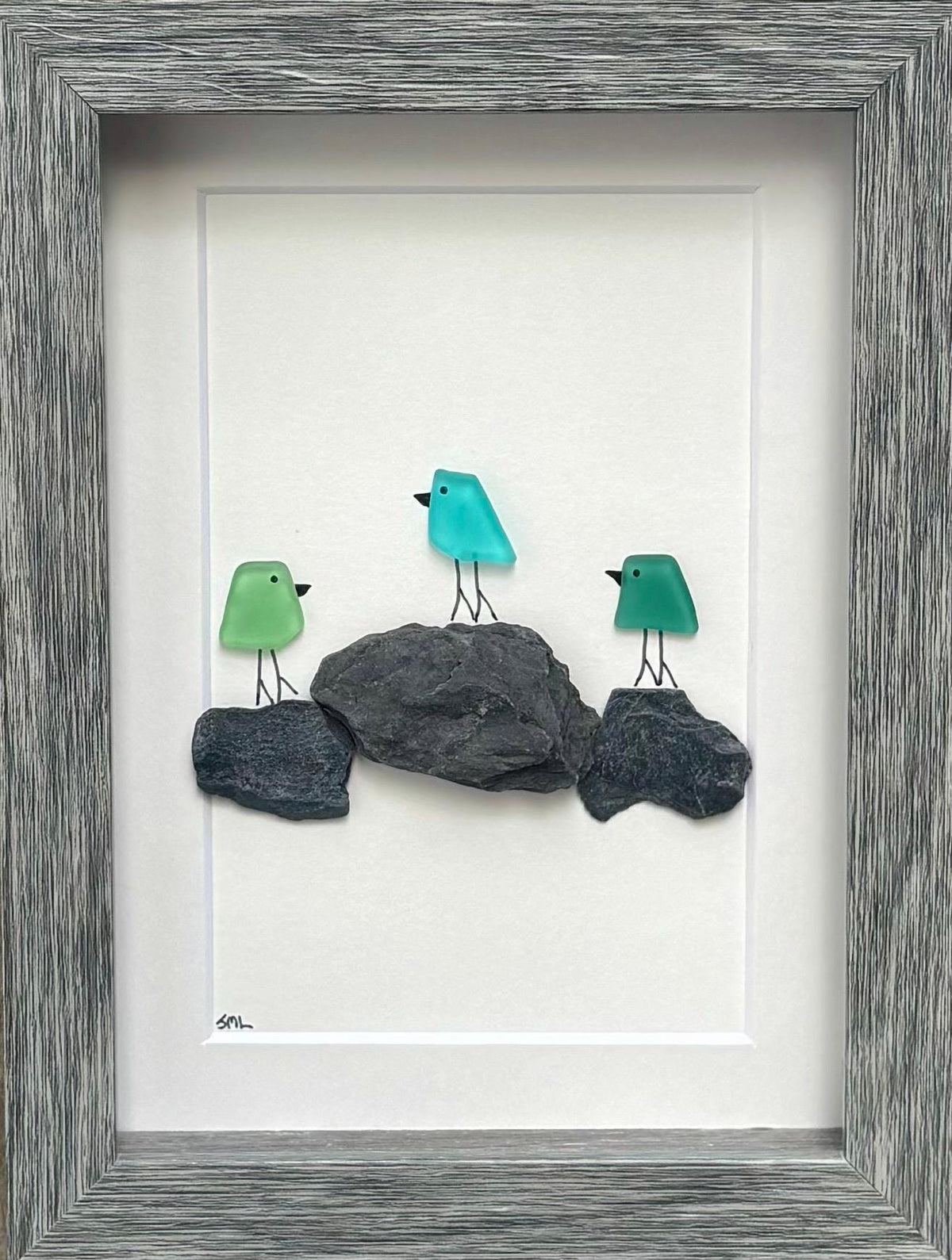 3 Sea Glass Birds on Rock Piles, 6x8” Framed Original Handmade Pebble Beach Art, Minimalist Coastal Decor