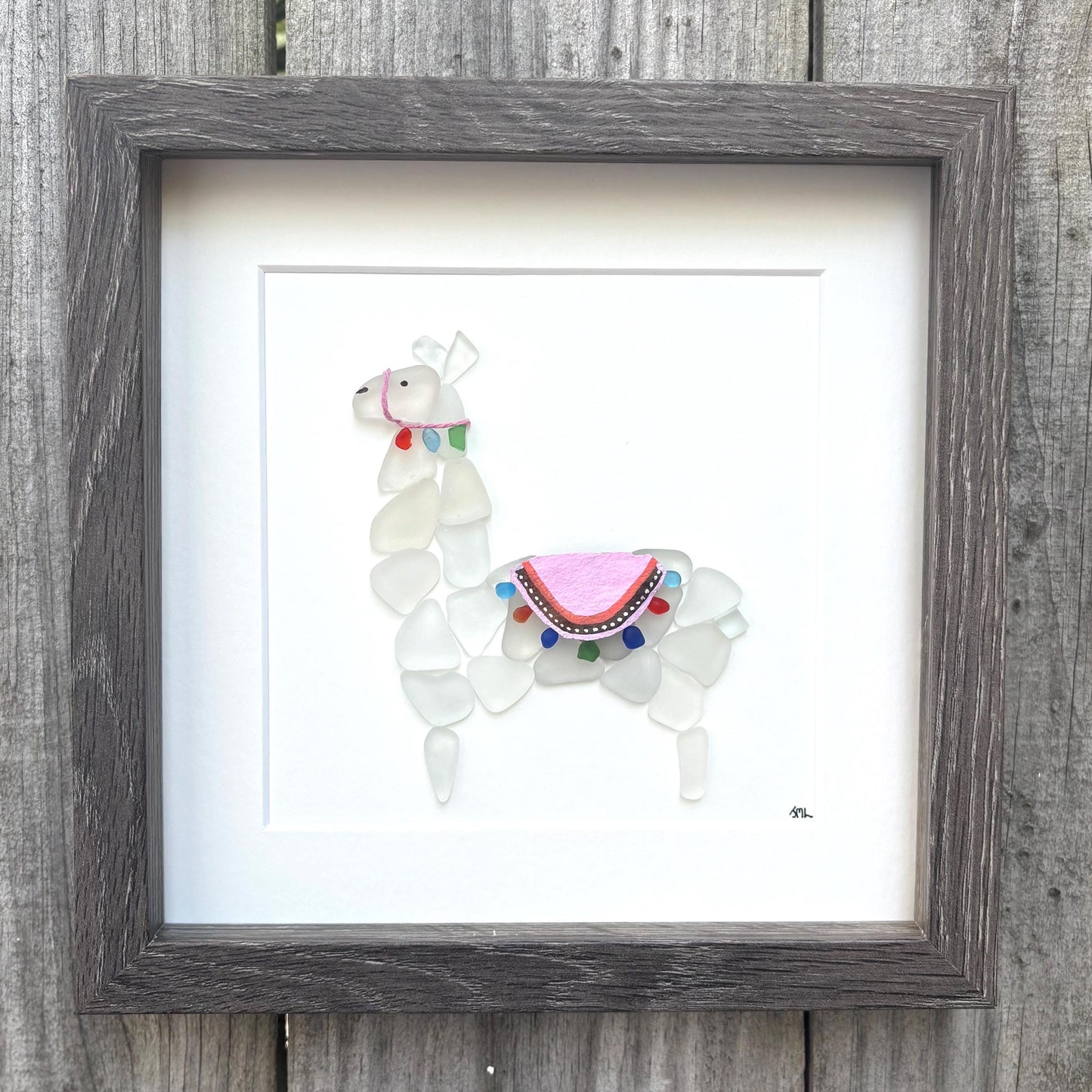 Sea Glass Llama Art | Framed Colorful Alpaca Picture (9x9)