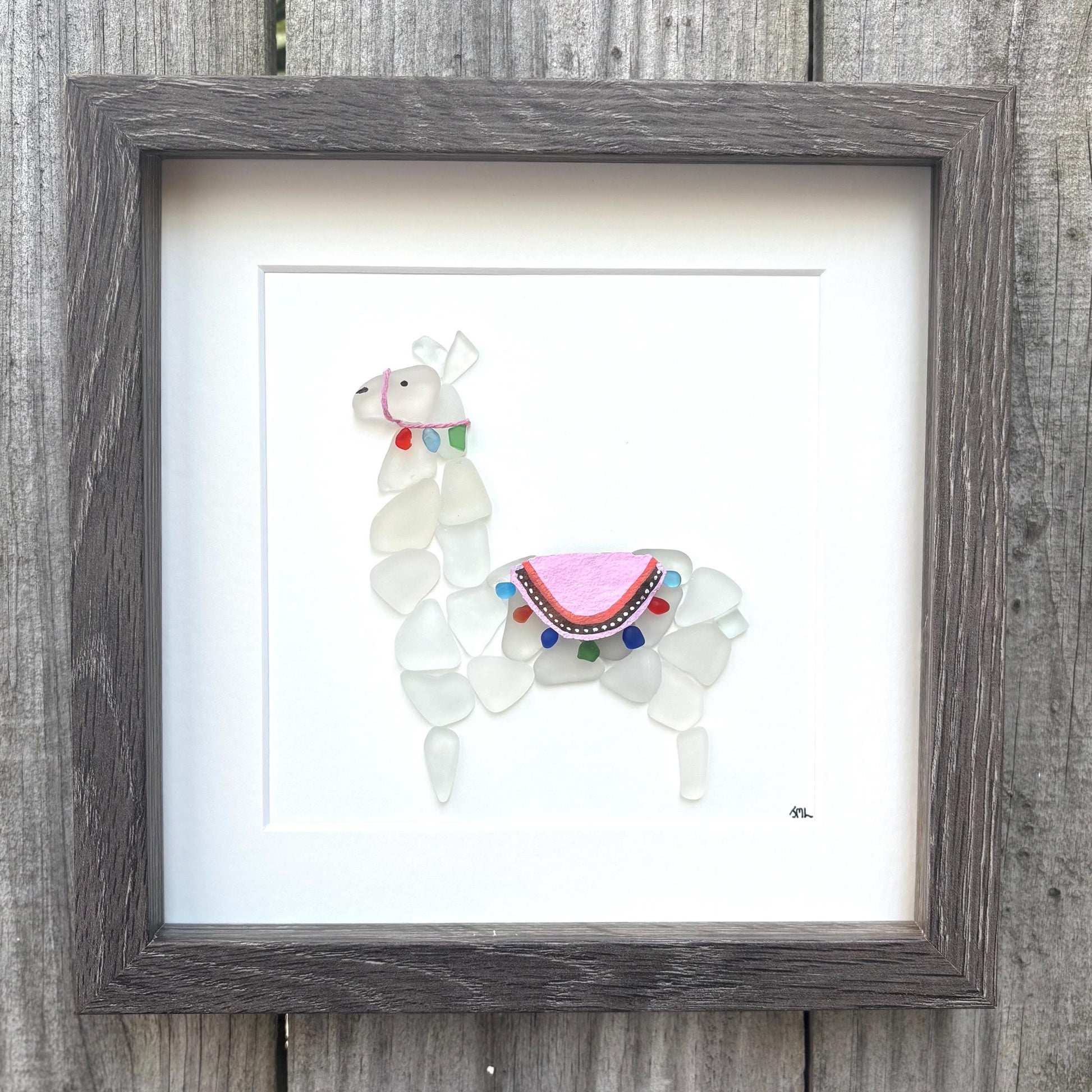 Sea Glass Llama Art | Framed Colorful Alpaca Picture (9x9)
