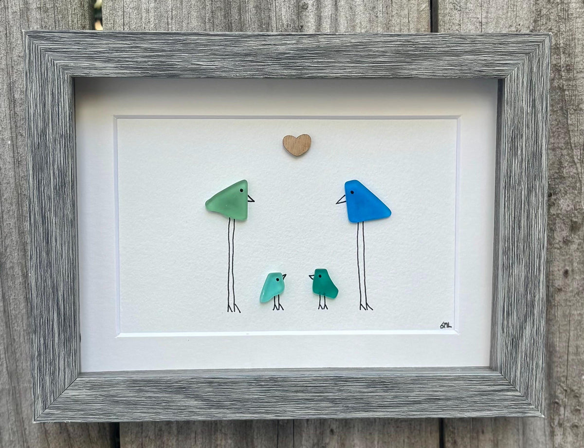 Family of 4 Sea Glass Birds, 6x8&quot; Framed Handmade Picture