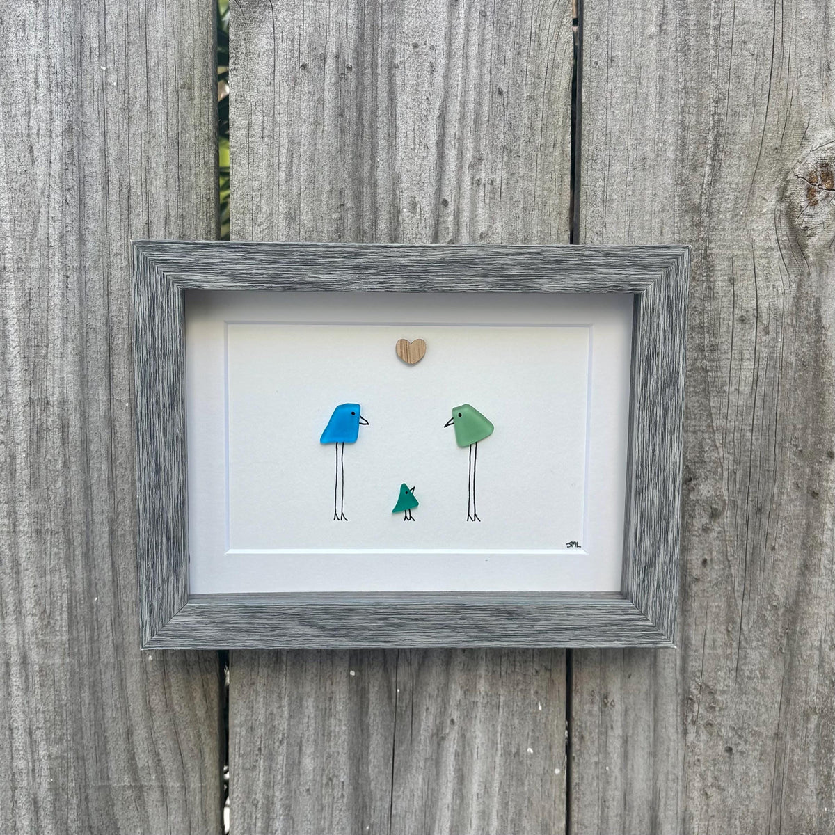 Family of 3 Sea Glass Birds, 6x8" Framed Handmade Picture