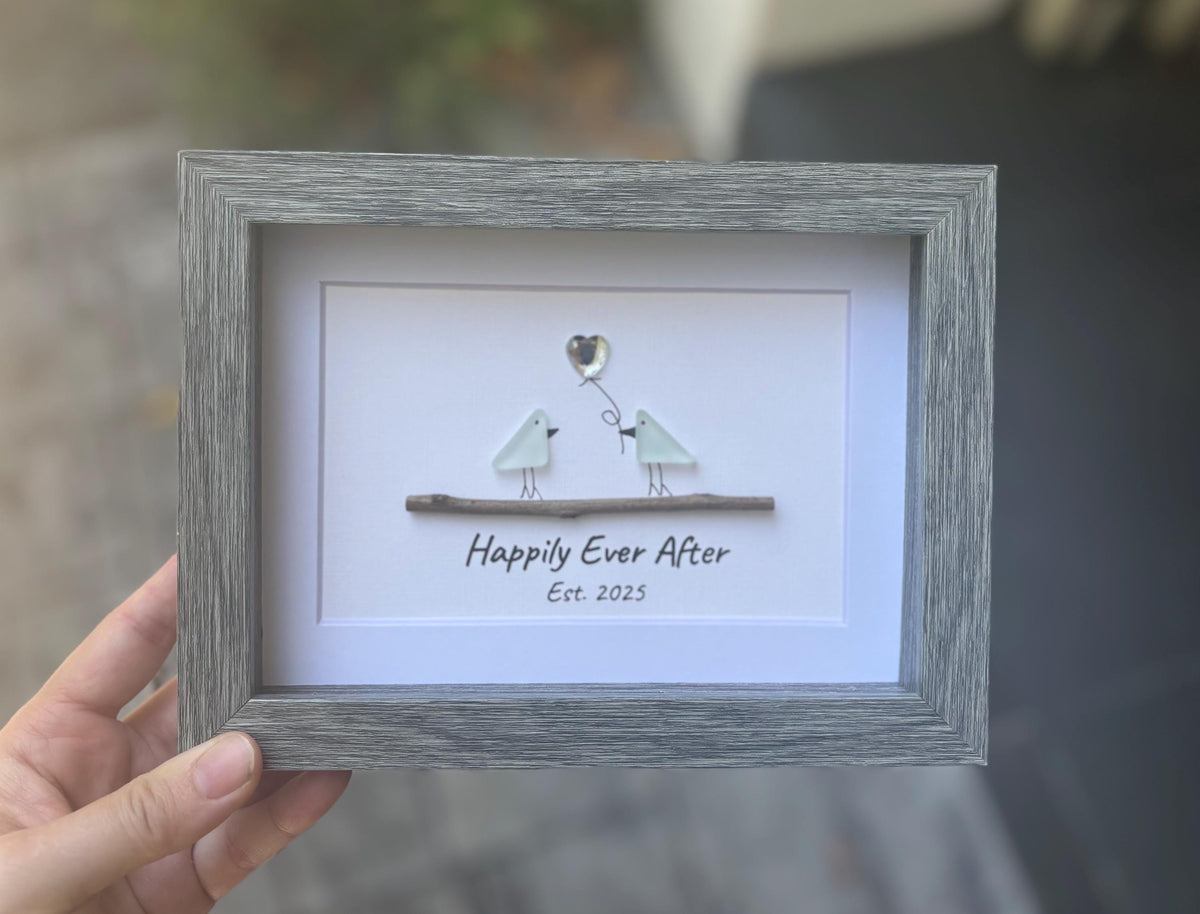 Happily Ever After Sea Glass Birds | 6x8 Framed Wedding Gift | Handmade &amp; Personalized Artwork