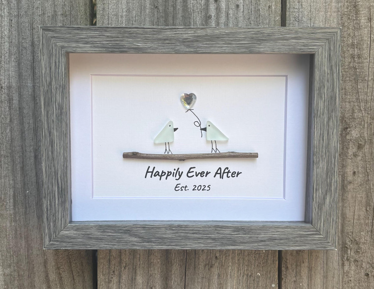 Happily Ever After Sea Glass Birds | 6x8 Framed Wedding Gift | Handmade &amp; Personalized Artwork