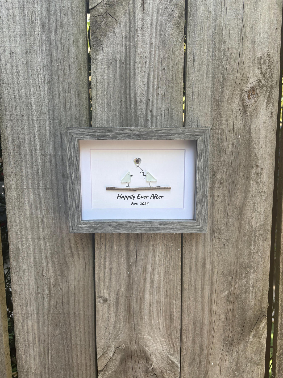 Happily Ever After Sea Glass Birds | 6x8 Framed Wedding Gift | Handmade &amp; Personalized Artwork