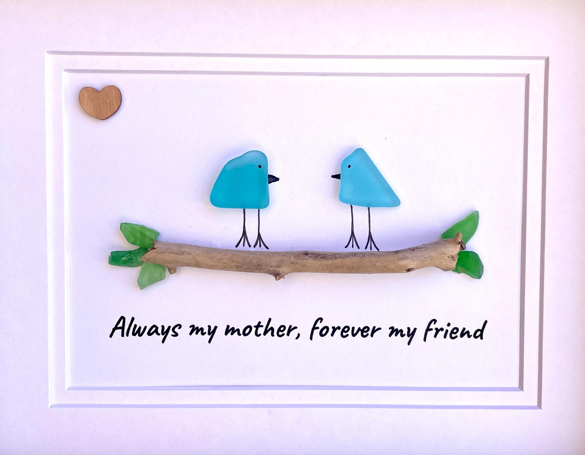 Framed Gift for Mom, 8x10 Sea Glass Art Captioned “Always my mother, forever my friend”