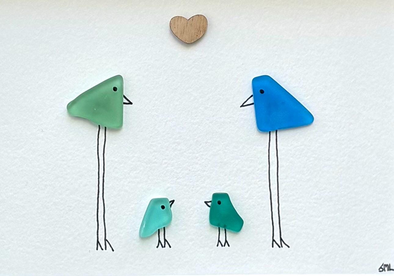 Family of 4 Sea Glass Birds, 5x7" Framed Handmade Picture