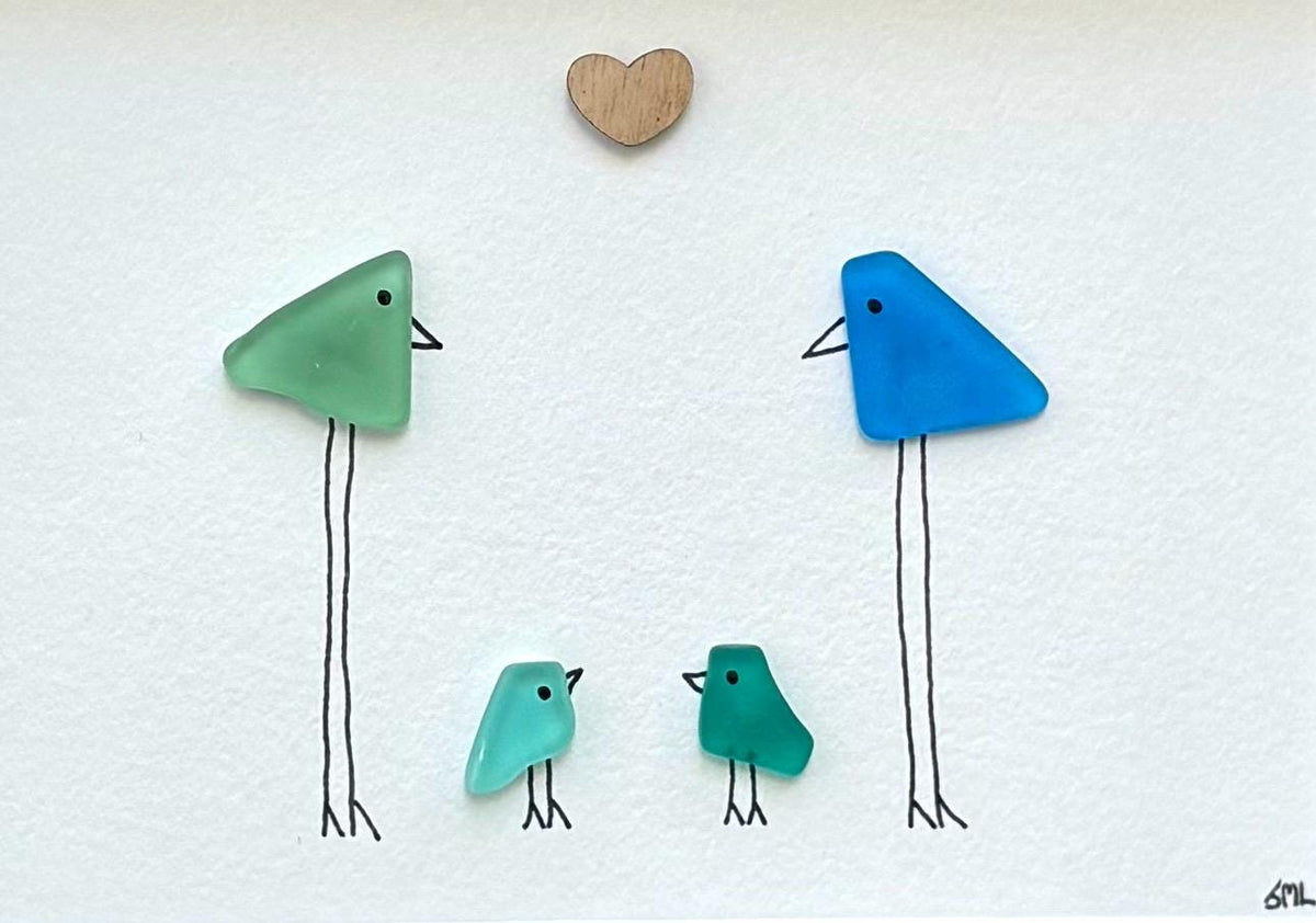 Family of 4 Sea Glass Birds, 5x7" Framed Handmade Picture