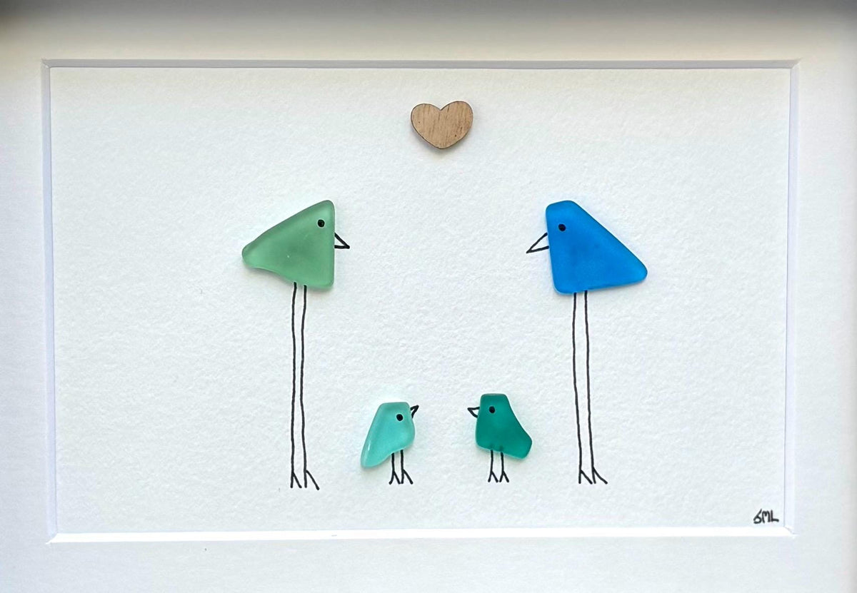 Family of 4 Sea Glass Birds, 6x8&quot; Framed Handmade Picture