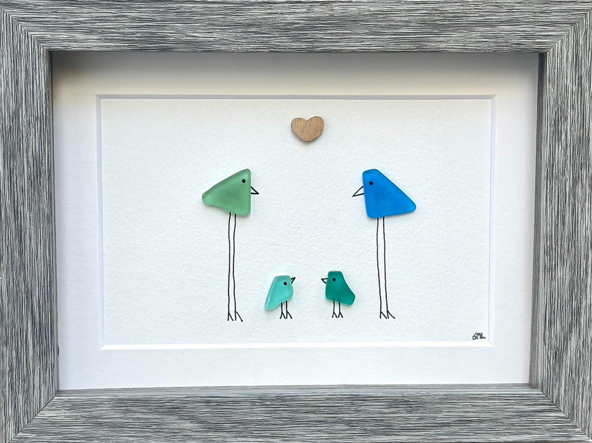 Family of 4 Sea Glass Birds, 6x8&quot; Framed Handmade Picture