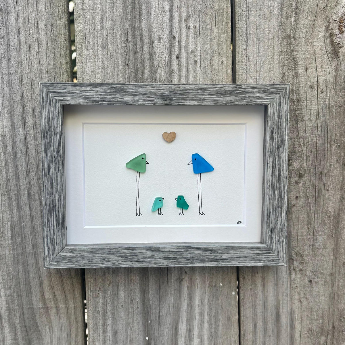 Family of 4 Sea Glass Birds, 6x8&quot; Framed Handmade Picture