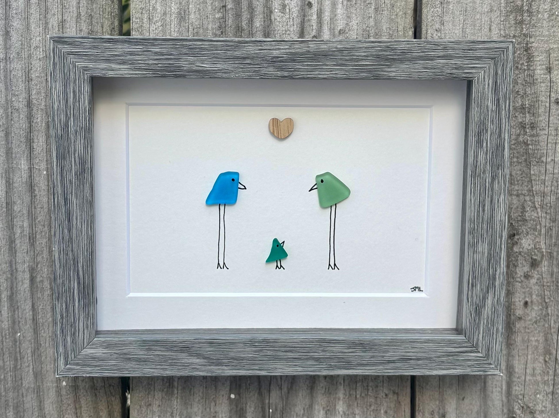 Family of 3 Sea Glass Birds, 6x8" Framed Handmade Picture