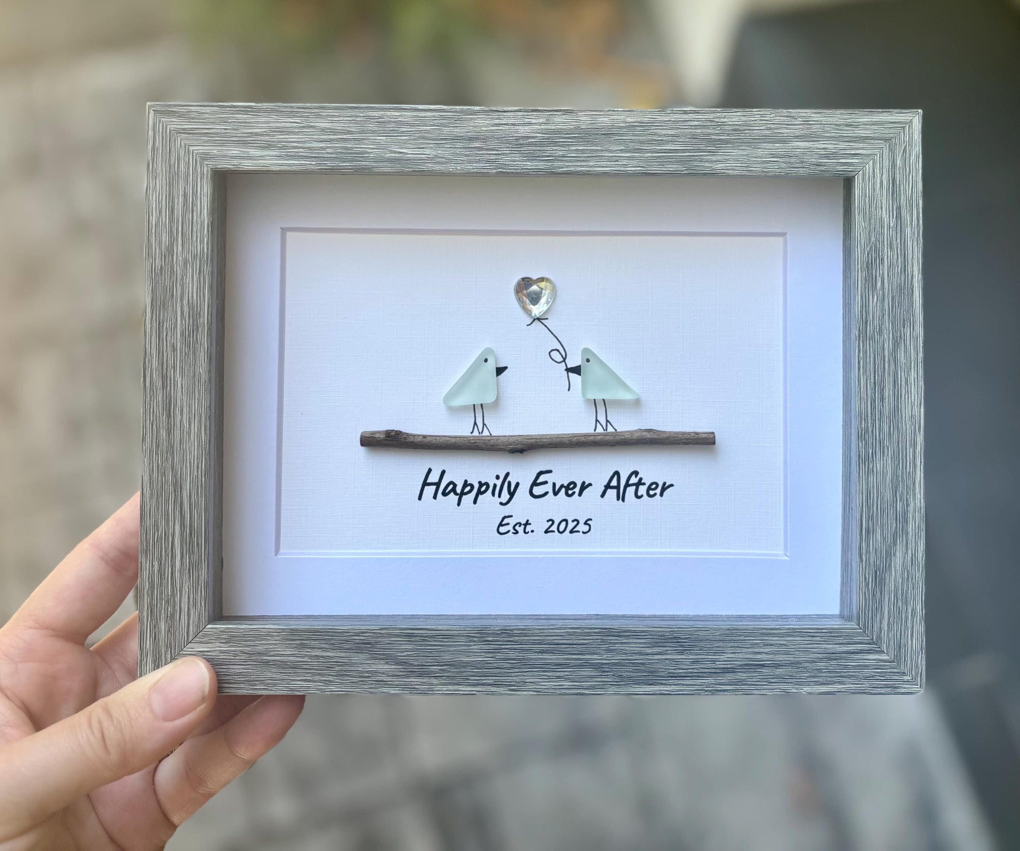 Happily Ever After Sea Glass Birds | 6x8 Framed Wedding Gift | Handmade & Personalized Artwork