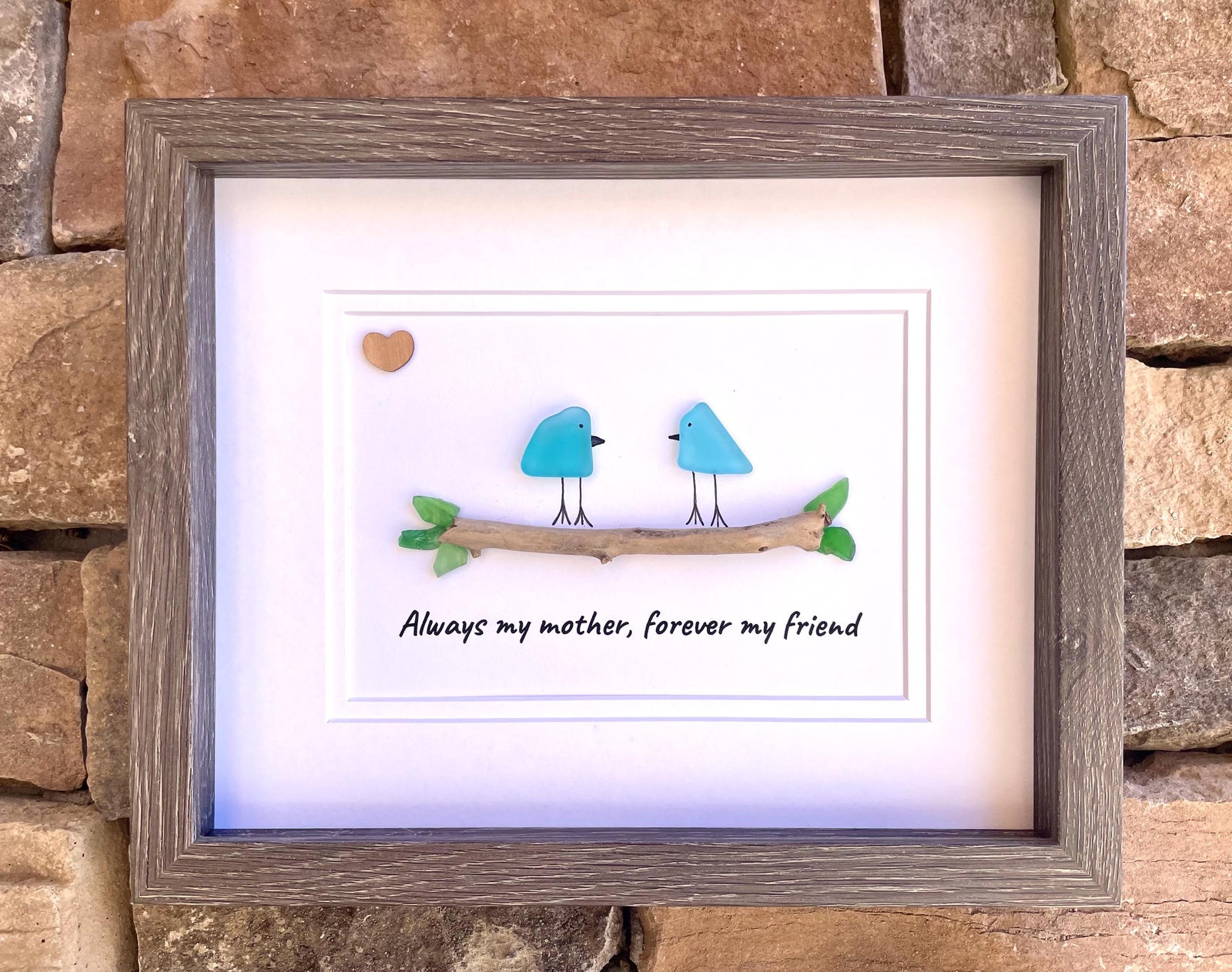 Framed Gift for Mom, 8x10 Sea Glass Art Captioned “Always my mother, forever my friend”