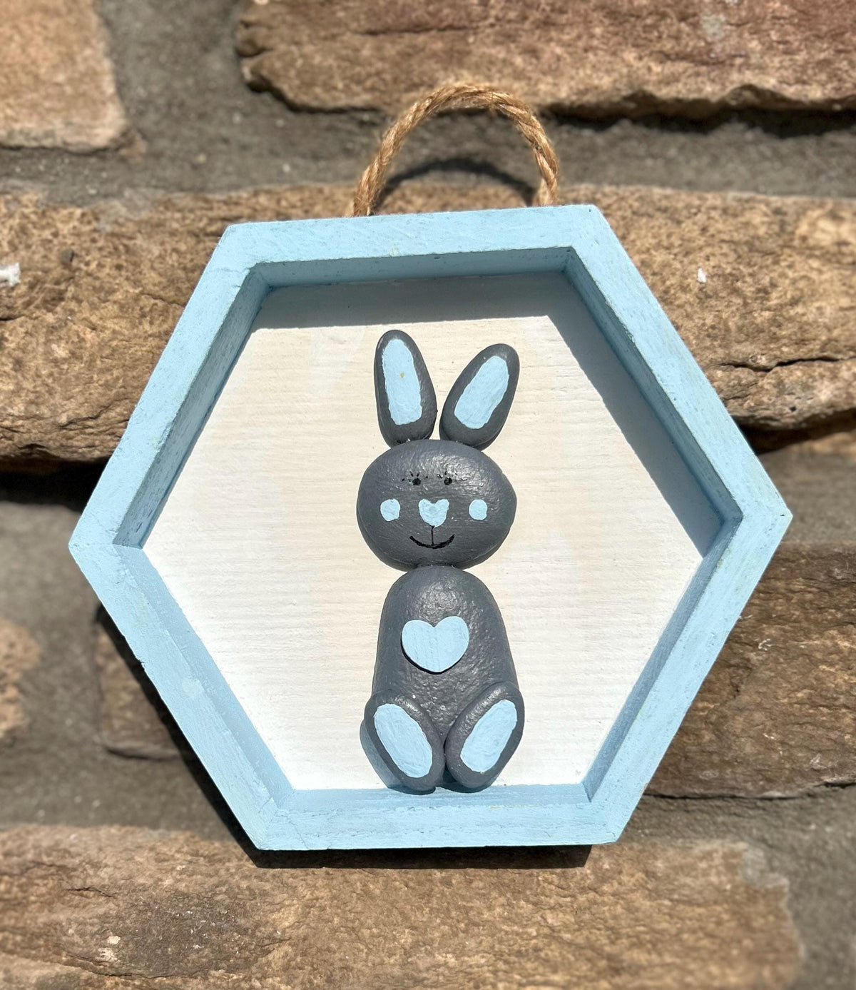 Handmade Bunny Rabbit Wall Art Blue and Gray Pebble Bunny in Hexagon Frame. Great gift for kids room general decor or craft room