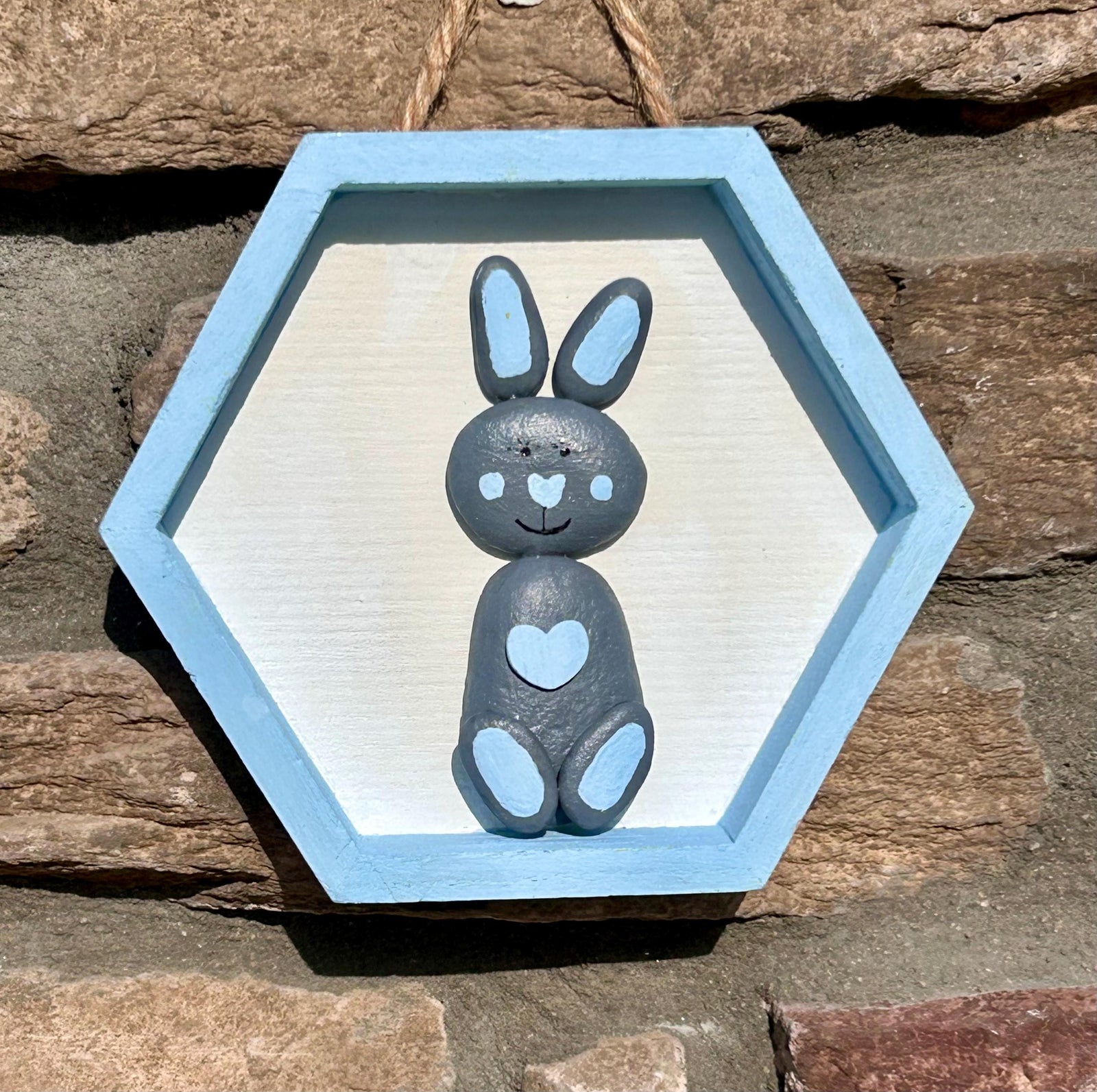 Handmade Bunny Rabbit Wall Art Blue and Gray Pebble Bunny in Hexagon Frame. Great gift for kids room general decor or craft room