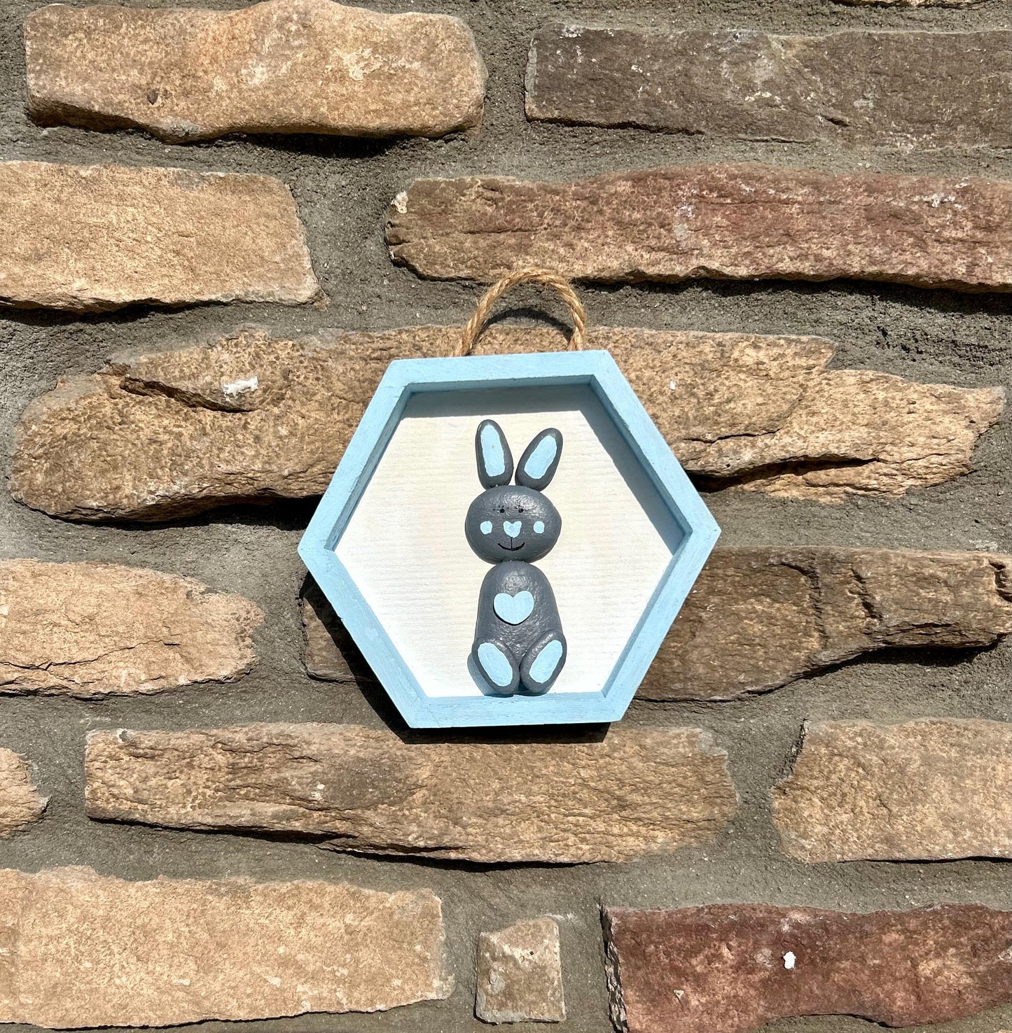 Bunny Rabbit Wall Art | Blue and Gray Pebble Bunny in Hexagon Frame | Gift for kids room, nursery, friend or craft room | 5x5 Pebble Art