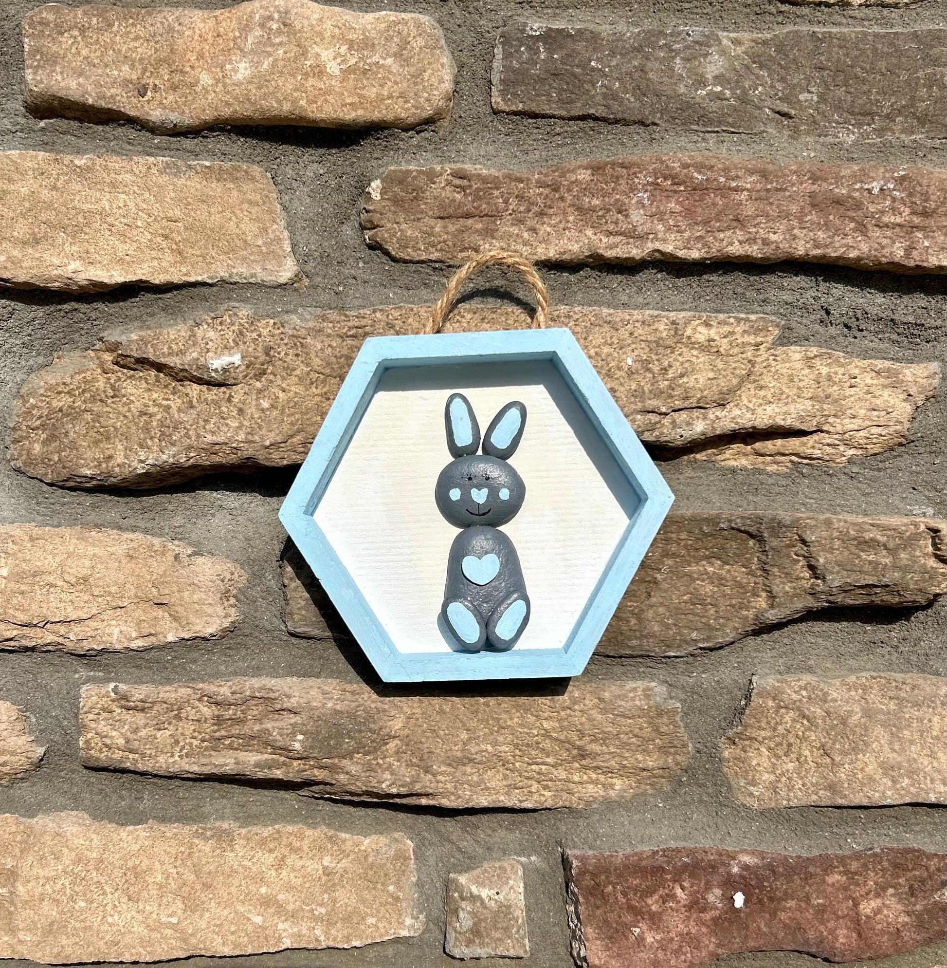 Bunny Rabbit Wall Art | Blue and Gray Pebble Bunny in Hexagon Frame | Gift for kids room, nursery, friend or craft room | 5x5 Pebble Art