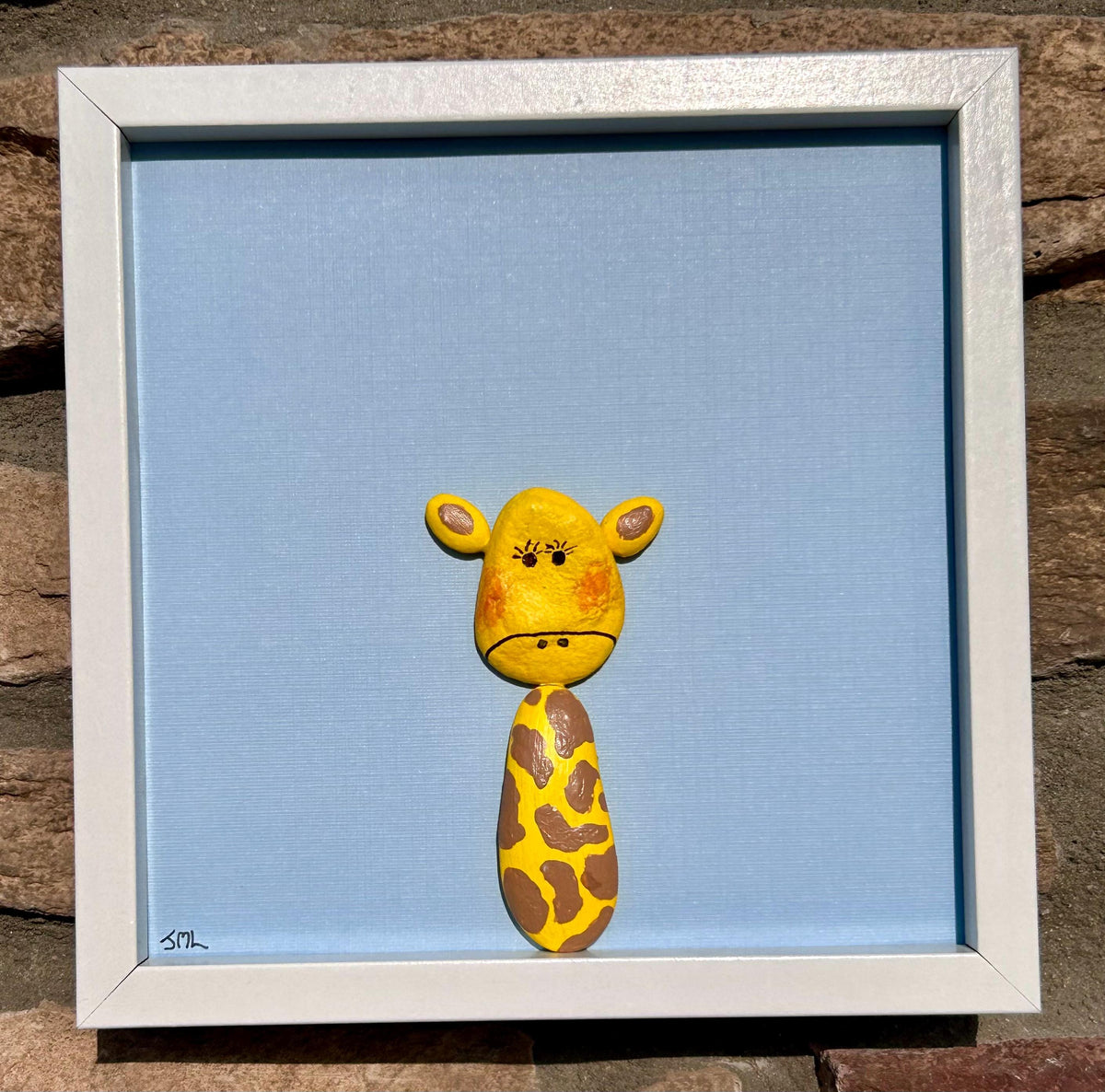 Handmade Giraffe Wall Art Yellow and Brown Pebble Giraffe in Hexagon Frame. Great gift for kids room general decor or craft room