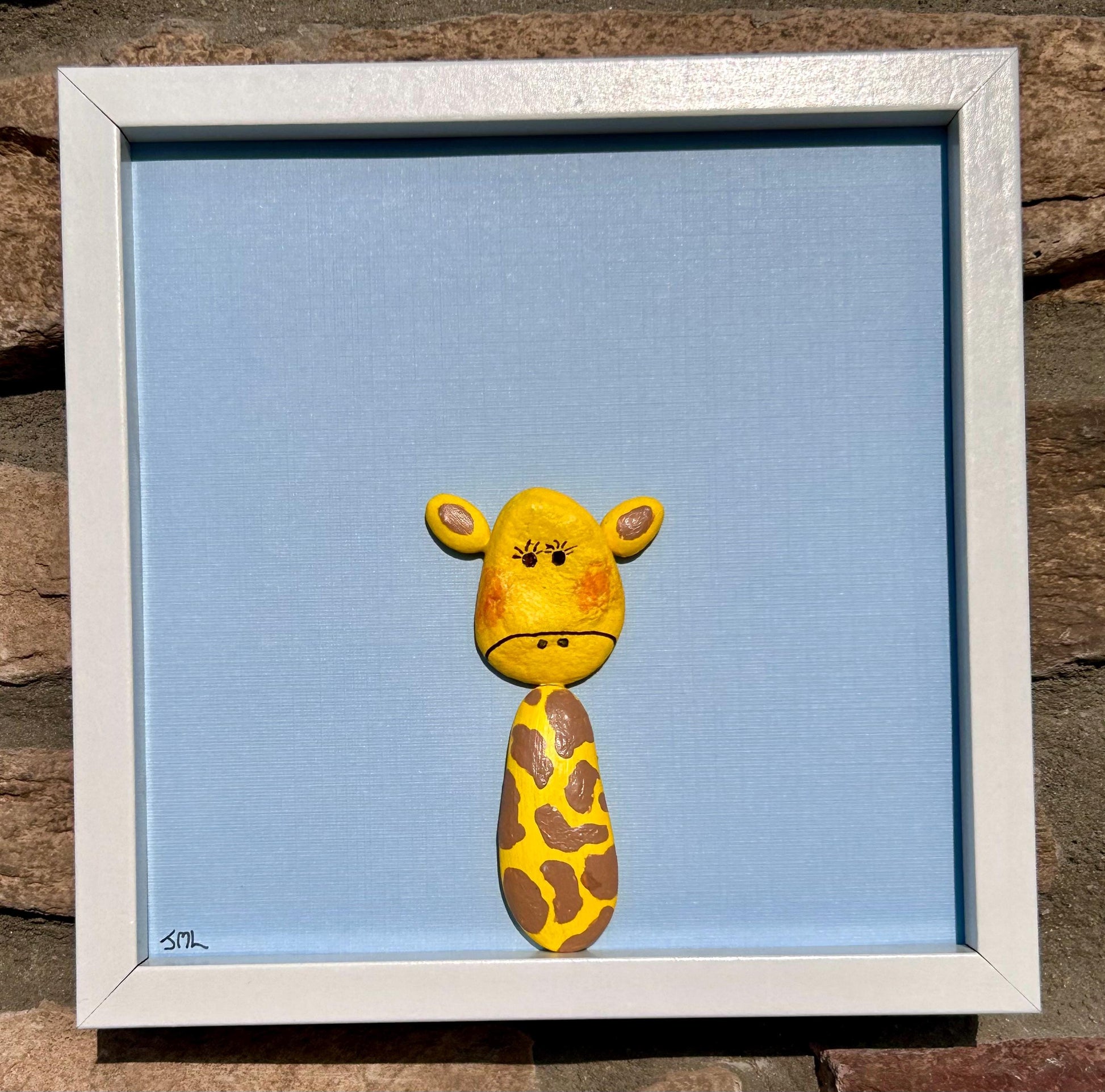 Giraffe Wall Art | Yellow and Brown Pebble Giraffe | Hexagon Frame | Great gift for kids room, nursery, craft room | 8x8 Pebble Art