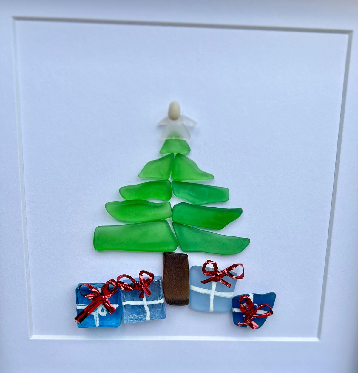 Christmas Tree Scottish Sea Glass Mosaic Art, 9x9 Framed Christmas Wall Decor