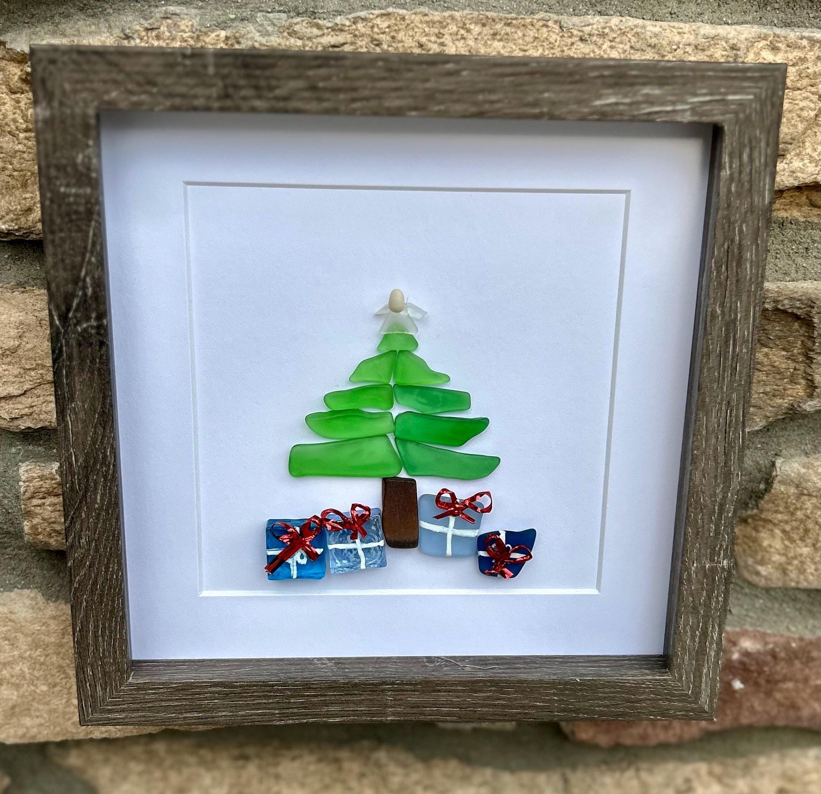 Christmas Tree Scottish Sea Glass Mosaic Art, 9x9 Framed Christmas Wall Decor