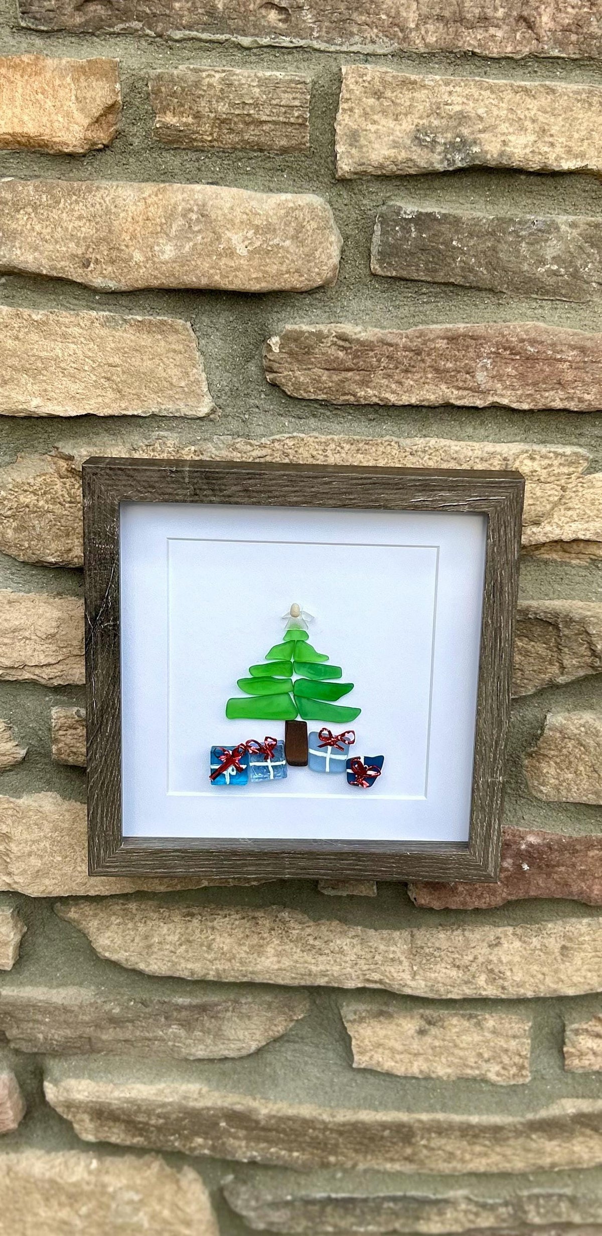 Christmas Tree Scottish Sea Glass Mosaic Art, 9x9 Framed Christmas Wall Decor