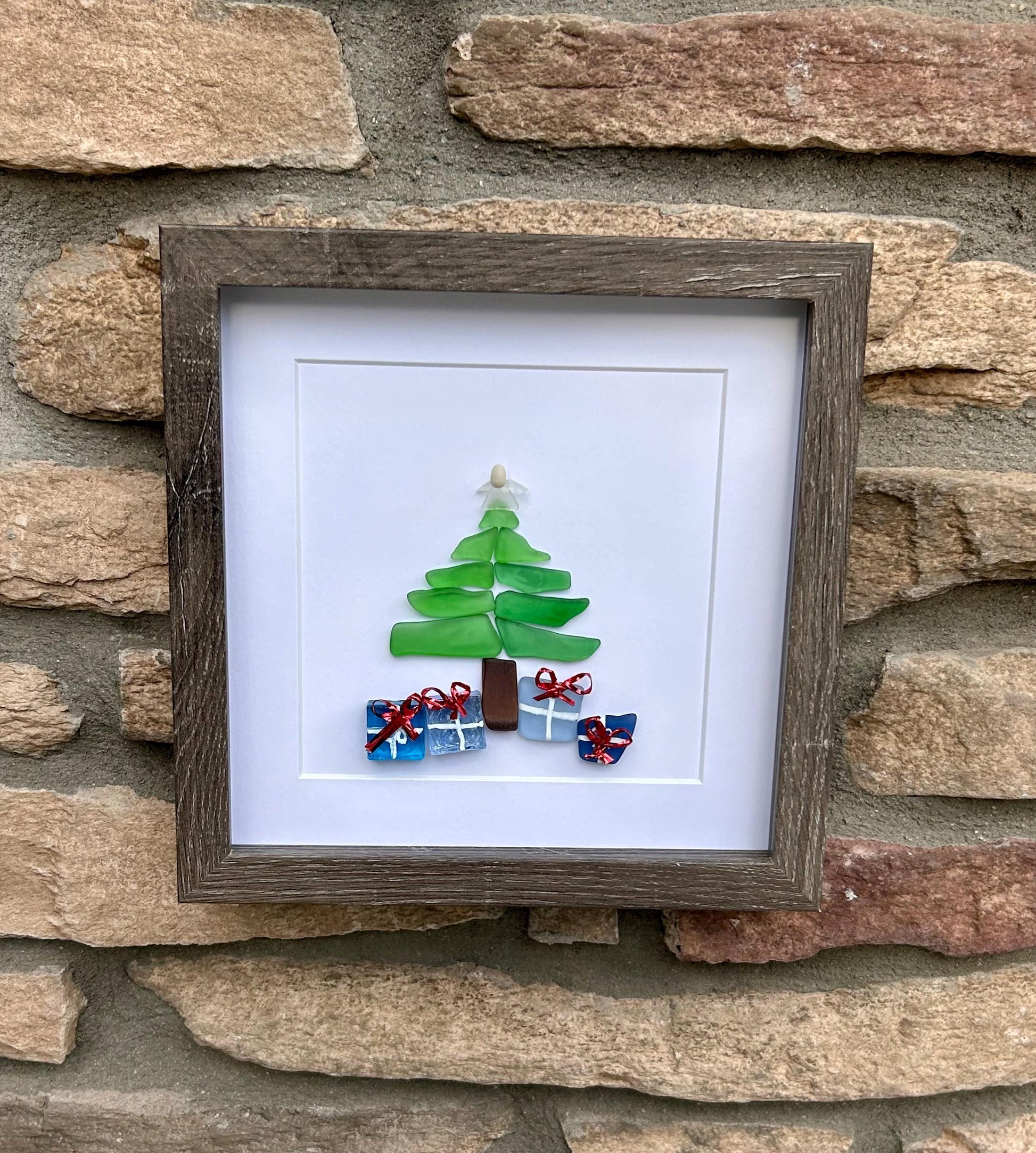 Christmas Tree Scottish Sea Glass Mosaic Art, 9x9 Framed Christmas Wall Decor
