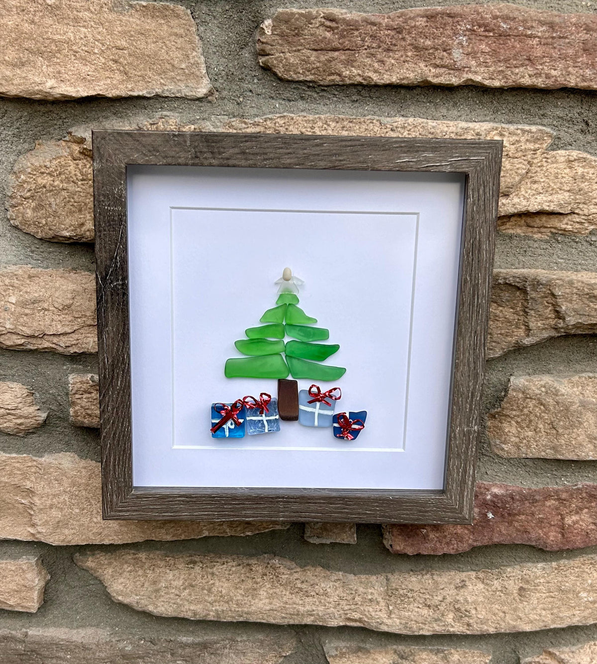 Christmas Tree Scottish Sea Glass Mosaic Art, 9x9 Framed Christmas Wall Decor