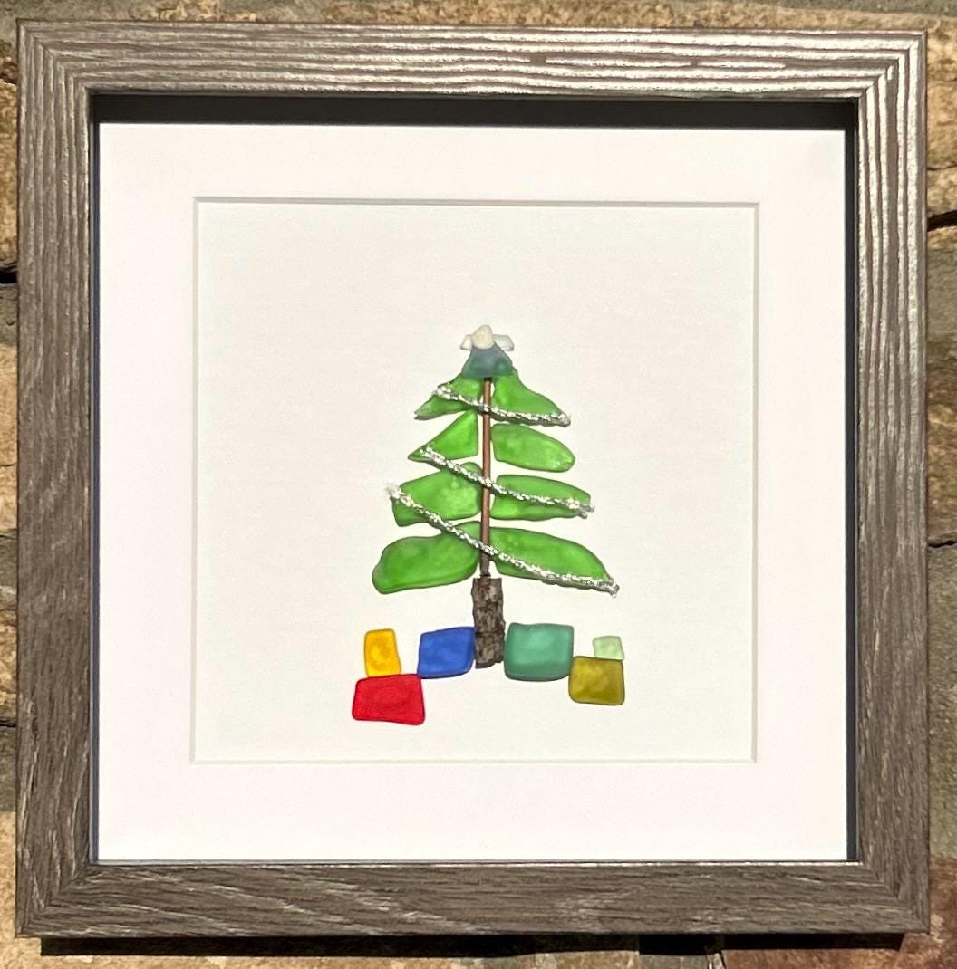 Christmas Tree Scottish Sea Glass Mosaic Art, 9x9 Framed Christmas Wall Decor
