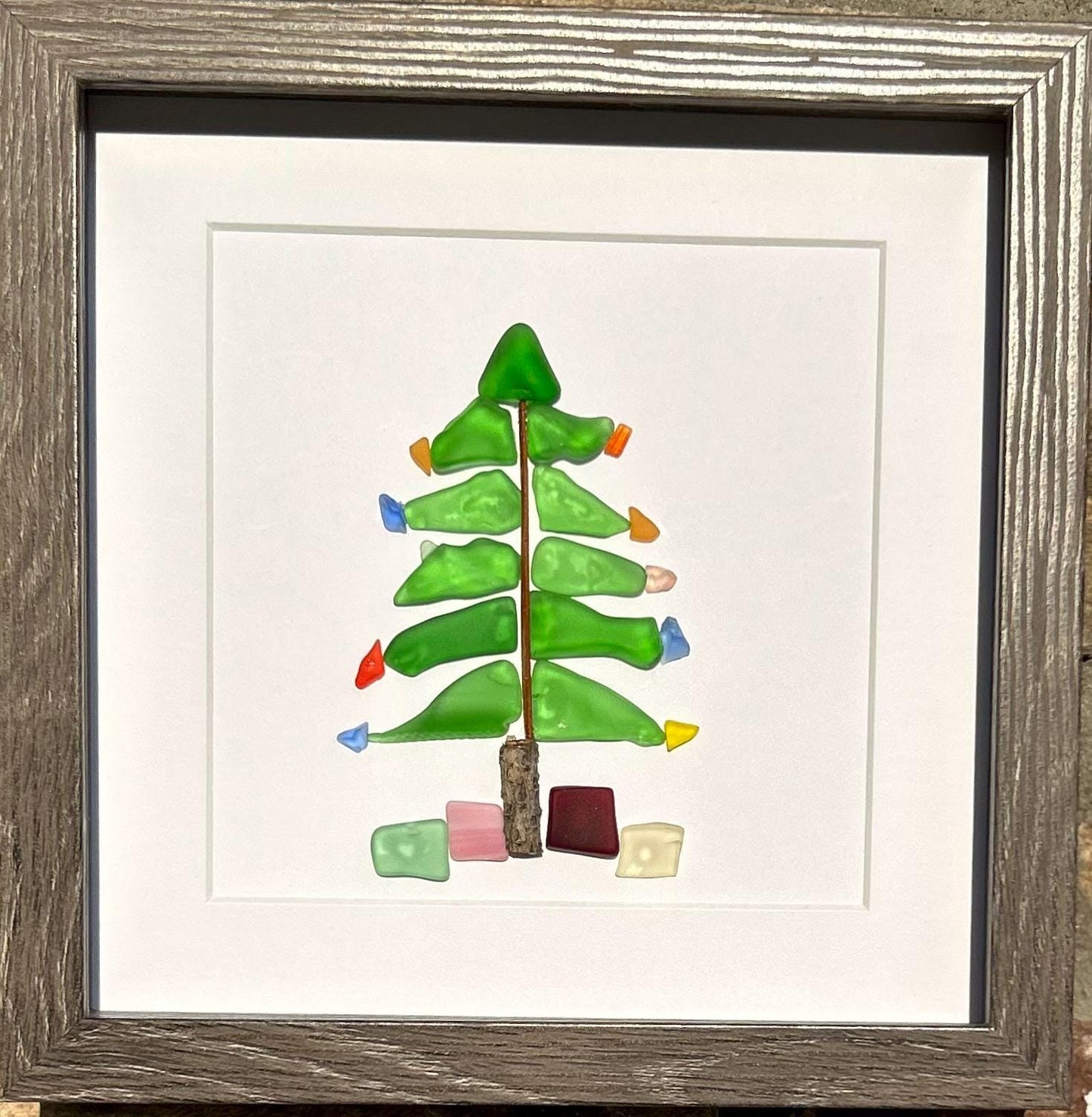 Christmas Tree Scottish Sea Glass Mosaic Art, 9x9 Framed Christmas Wall Decor
