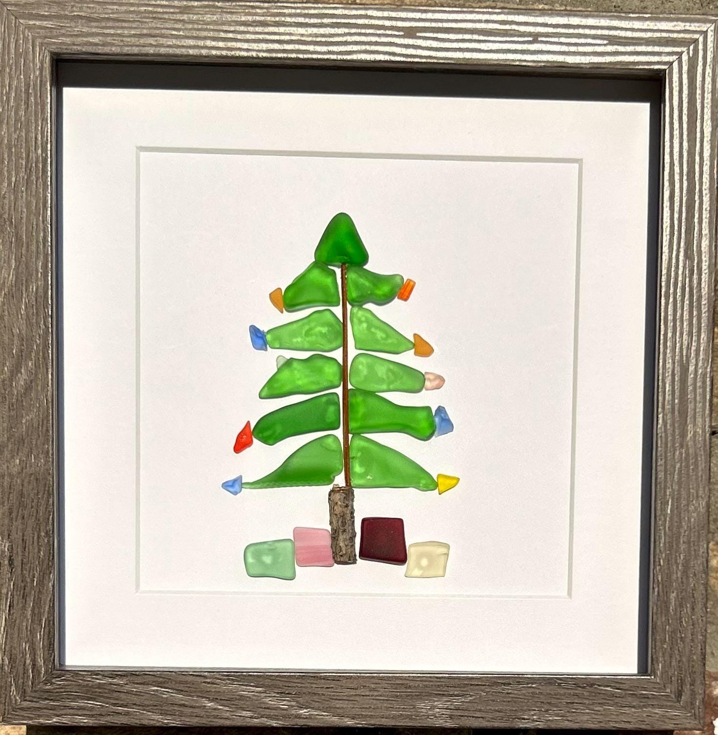 Christmas Tree Scottish Sea Glass Mosaic Art, 9x9 Framed Christmas Wall Decor