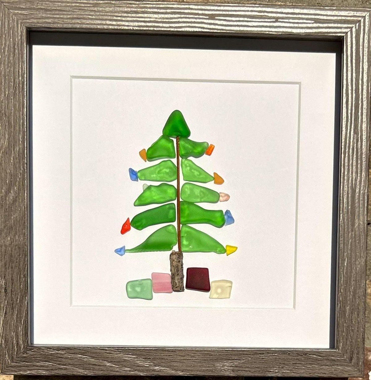 Christmas Tree Scottish Sea Glass Mosaic Art, 9x9 Framed Christmas Wall Decor