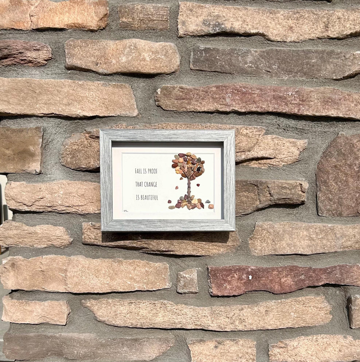 Fall is Proof That Change is Beautiful Framed Sea Glass and Pebble Artwork 5x7” Fall Wall Decor, Handmade Natural Artwork, Leaves Changing