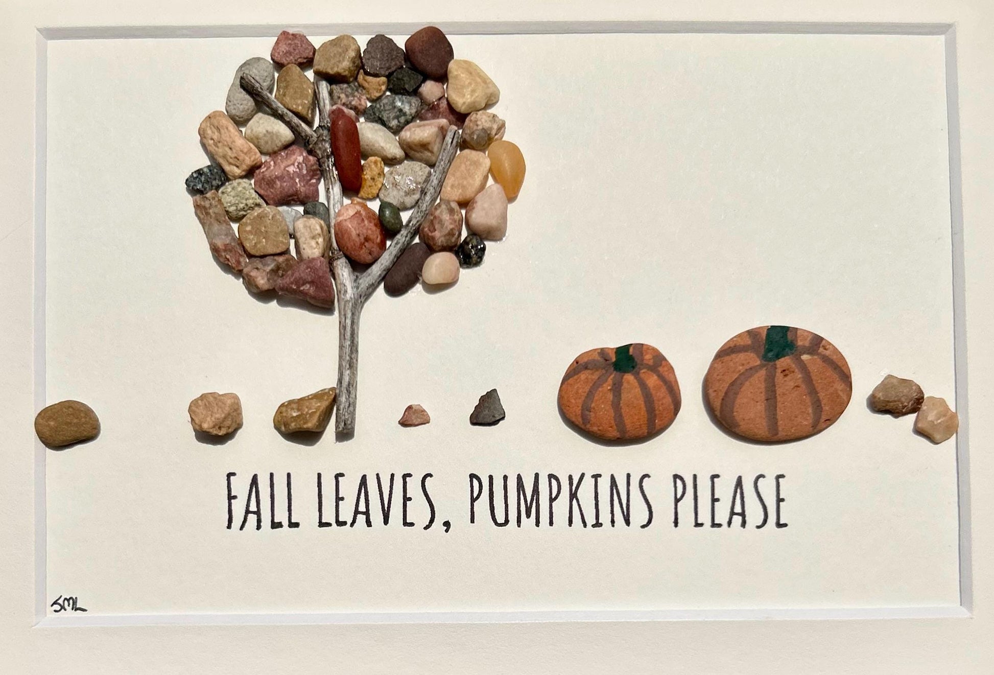 Fall Leaves Pumpkins Please | Autumn Art | Pumpkin Art | Halloween Art | Framed Handmade Natural Artwork | 5x7 Pebble Art
