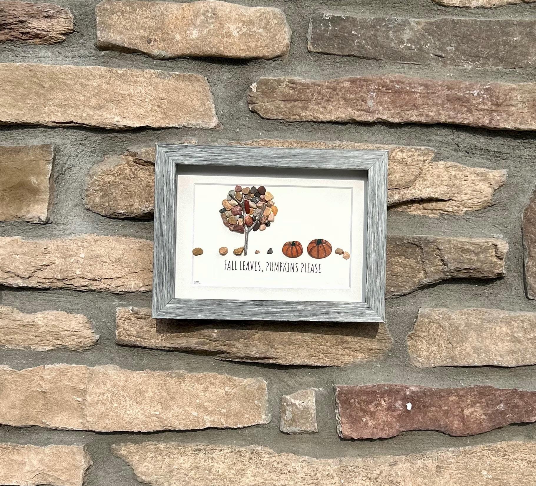 Fall Leaves Pumpkins Please | Autumn Art | Pumpkin Art | Halloween Art | Framed Handmade Natural Artwork | 5x7 Pebble Art