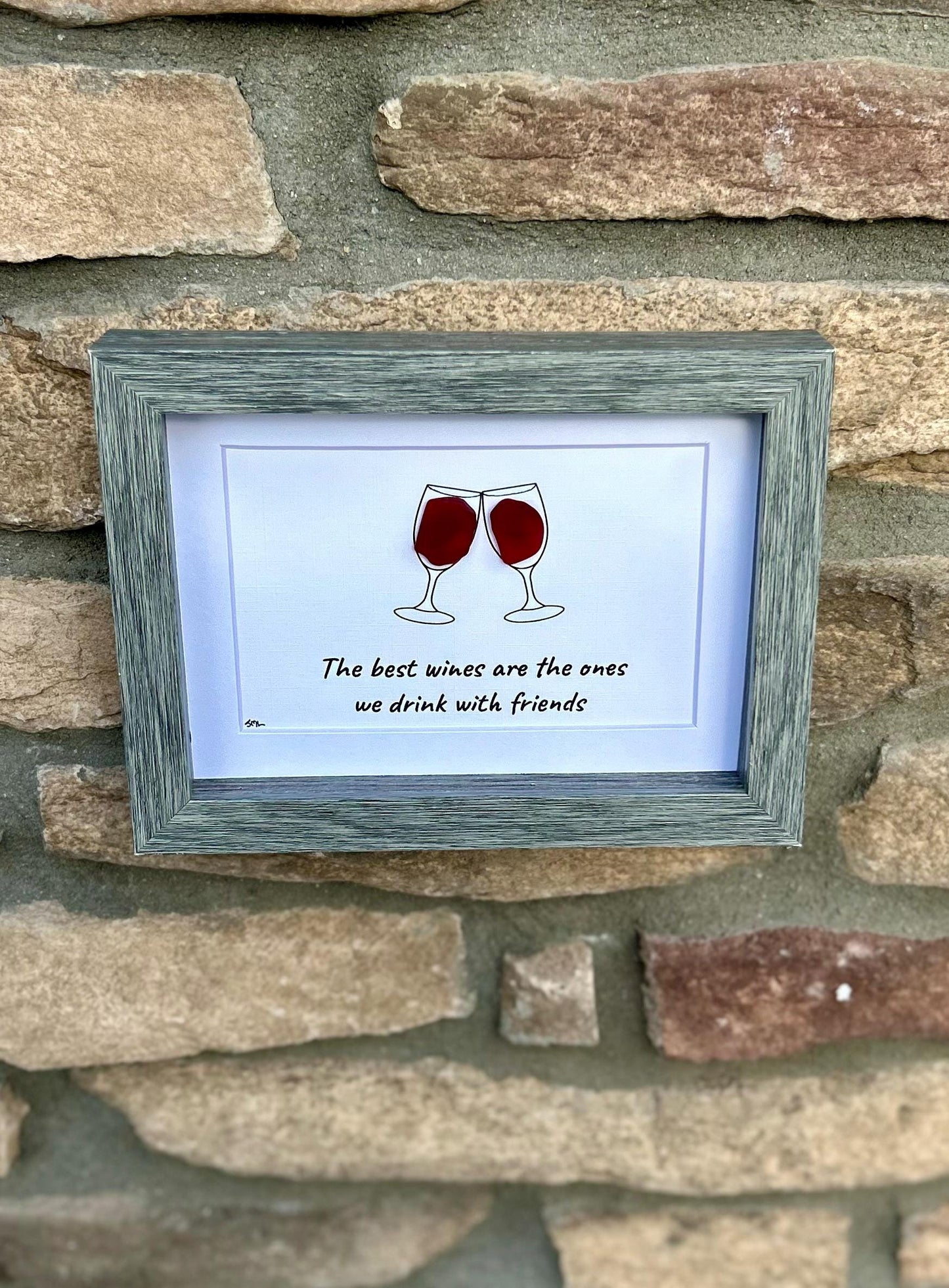 The Best Wines Are The Ones We Drink With Friends Sea Glass Art, 5x7 Handmade Art, Bar Decor, Cocktail Art, Housewarming Gift, Wine Lover