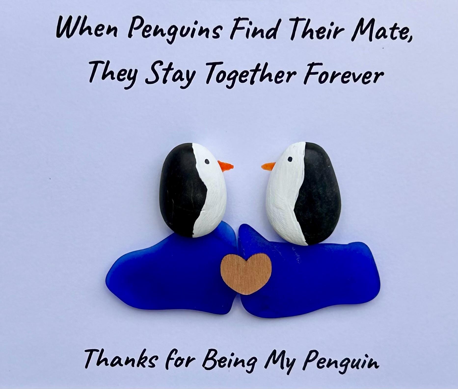 Thanks for Being My Penguin | Handmade Pebble & Sea Glass Art | Romantic Framed Gift for Anniversary or Partner | Sea Glass Penguin Art