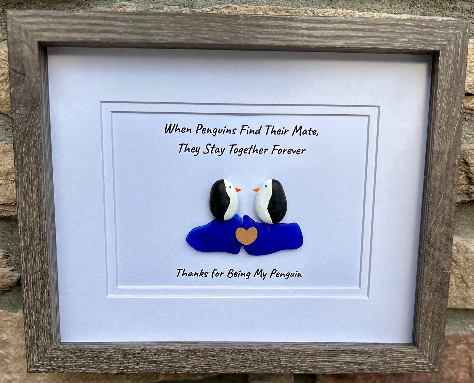 Thanks for Being My Penguin | Handmade Pebble & Sea Glass Art | Romantic Framed Gift for Anniversary or Partner | Sea Glass Penguin Art