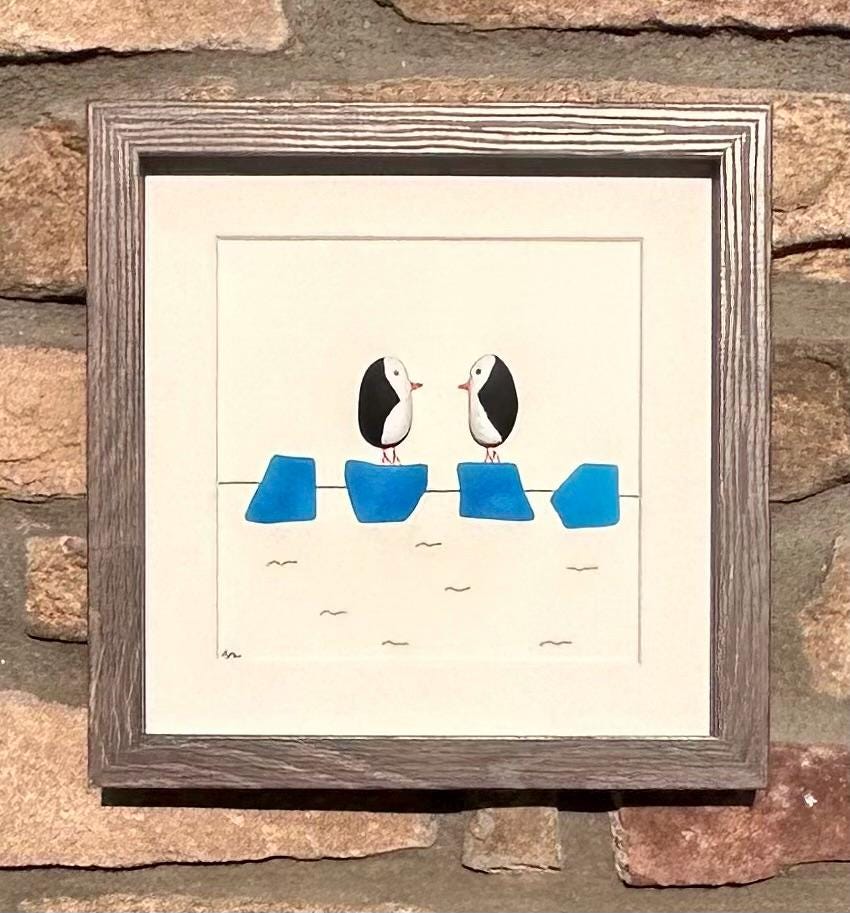 Penguin Couple on Ice | 8x10 Framed Pebble & Sea Glass Art | Handmade Winter or Anniversary Gift | Penguin Art | Penguin Gift