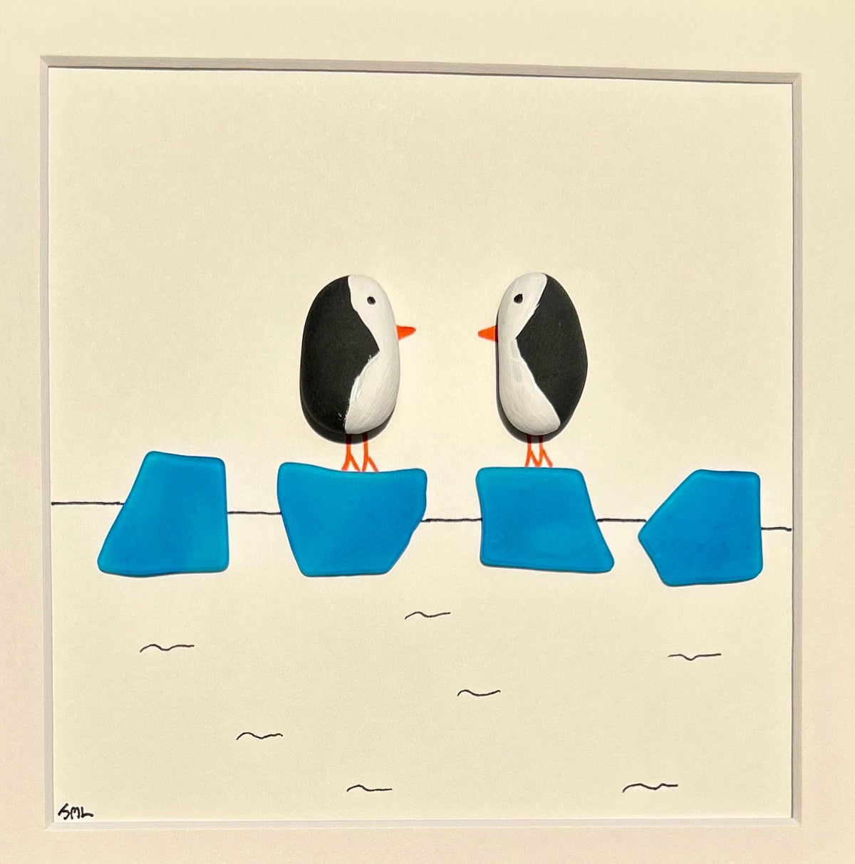 Penguin Couple on Ice | 8x10 Framed Pebble &amp; Sea Glass Art | Handmade Winter or Anniversary Gift | Penguin Art | Penguin Gift