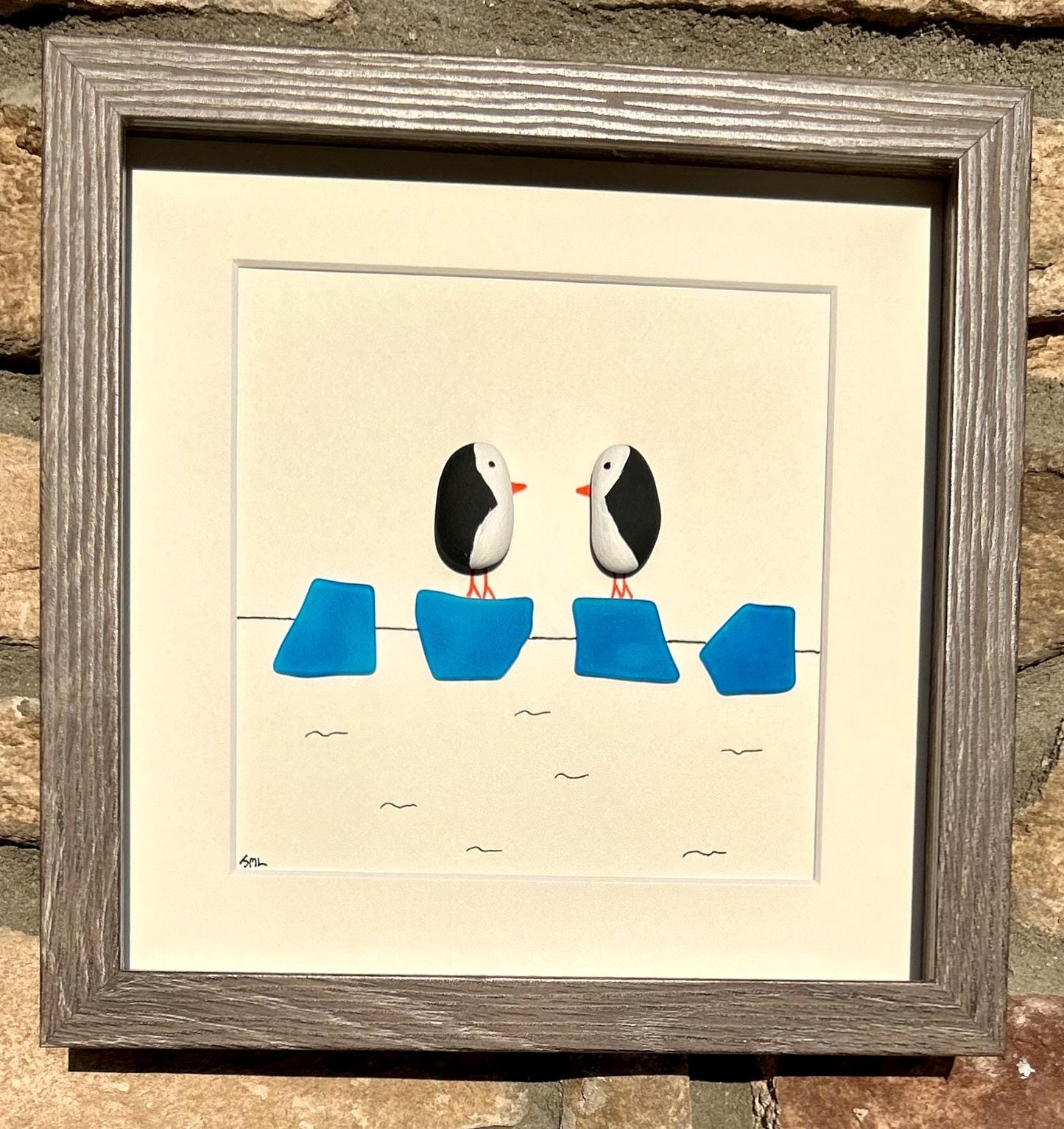 Penguin Couple on Ice | 8x10 Framed Pebble & Sea Glass Art | Handmade Winter or Anniversary Gift | Penguin Art | Penguin Gift