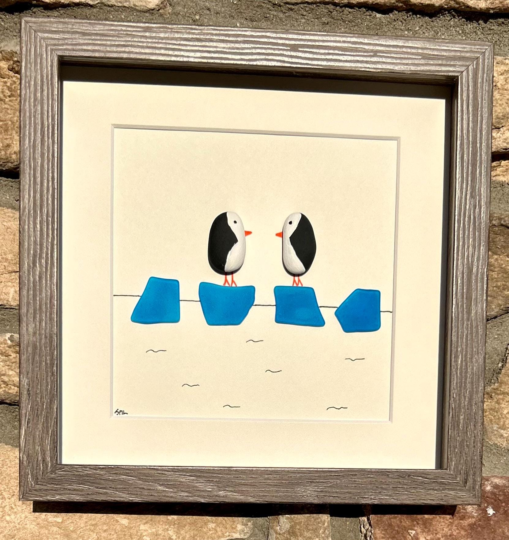 Penguin Couple on Ice | 8x10 Framed Pebble & Sea Glass Art | Handmade Winter or Anniversary Gift | Penguin Art | Penguin Gift