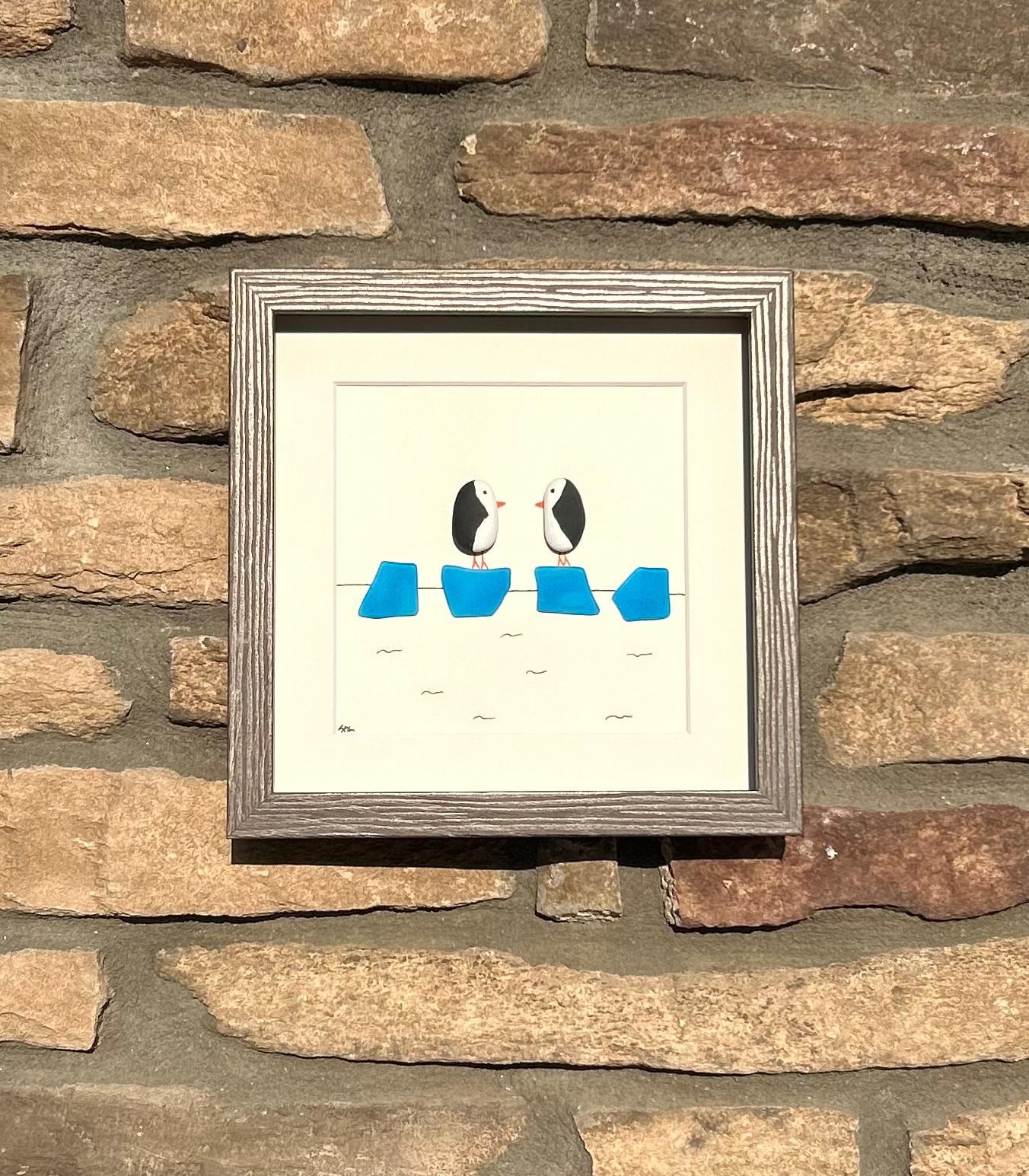 Penguin Couple on Ice | 8x10 Framed Pebble & Sea Glass Art | Handmade Winter or Anniversary Gift | Penguin Art | Penguin Gift