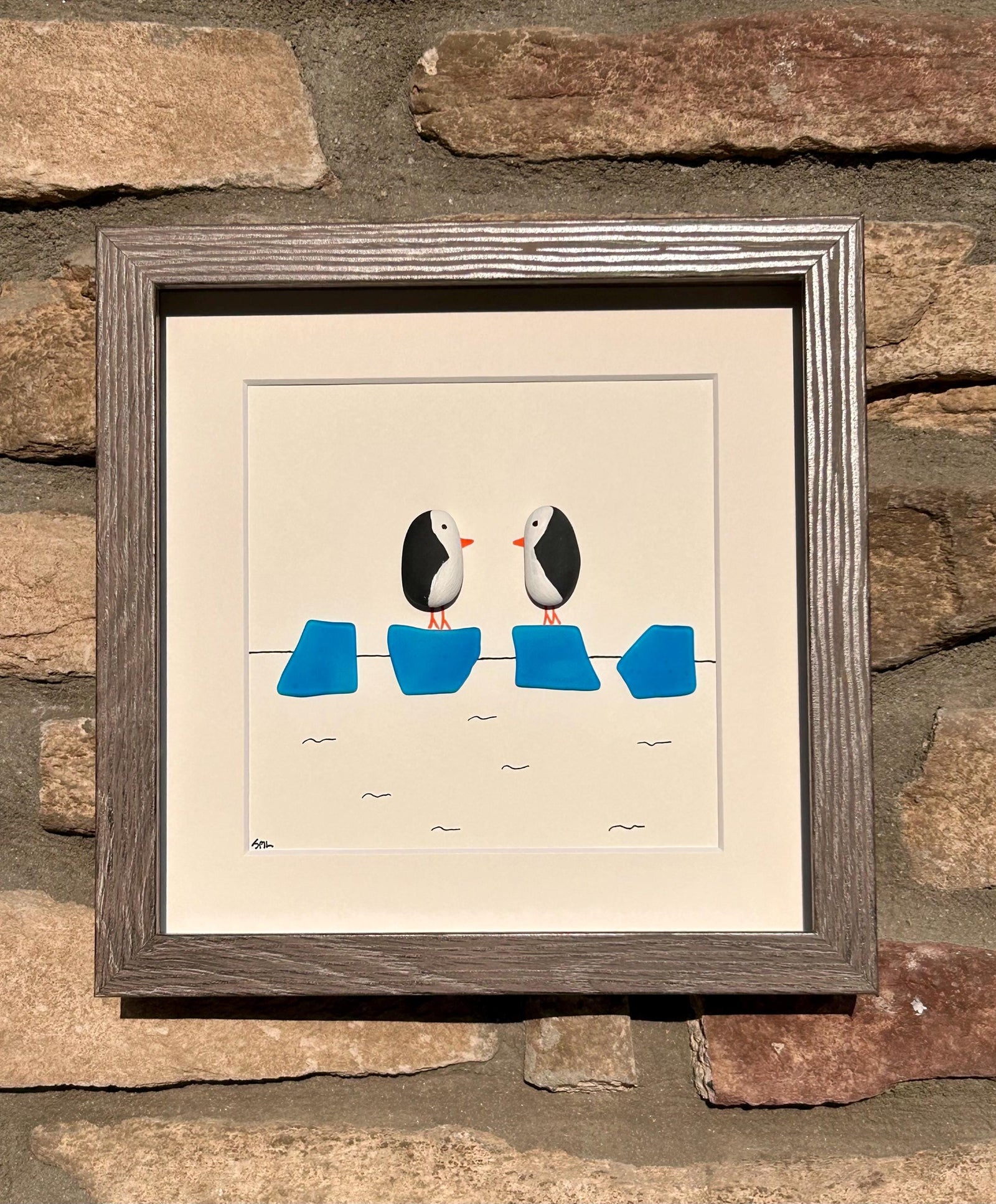 Penguin Couple on Ice | 8x10 Framed Pebble & Sea Glass Art | Handmade Winter or Anniversary Gift | Penguin Art | Penguin Gift