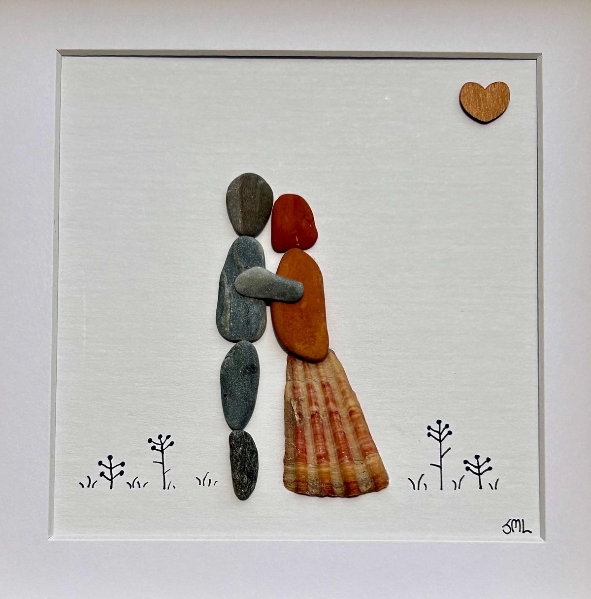 Romantic Pebble Art | Couple Embracing | 8x10 Sea Glass &amp; Shells | Handmade Gift for Anniversary or Wedding | Pebble, Shells and Driftwood