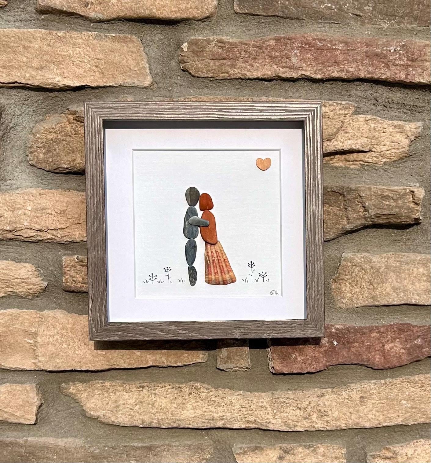 Romantic Pebble Art | Couple Embracing | 8x10 Sea Glass & Shells | Handmade Gift for Anniversary or Wedding | Pebble, Shells and Driftwood