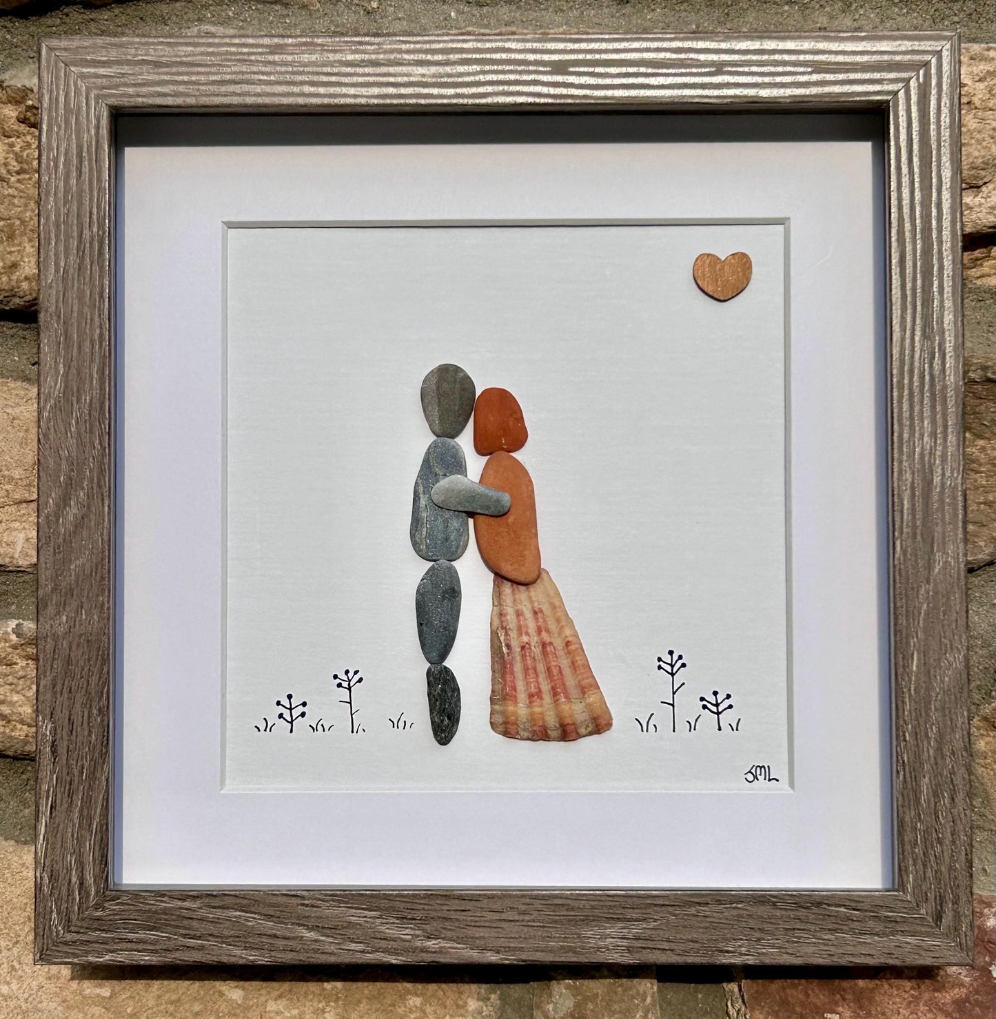 Romantic Pebble Art | Couple Embracing | 8x10 Sea Glass & Shells | Handmade Gift for Anniversary or Wedding | Pebble, Shells and Driftwood