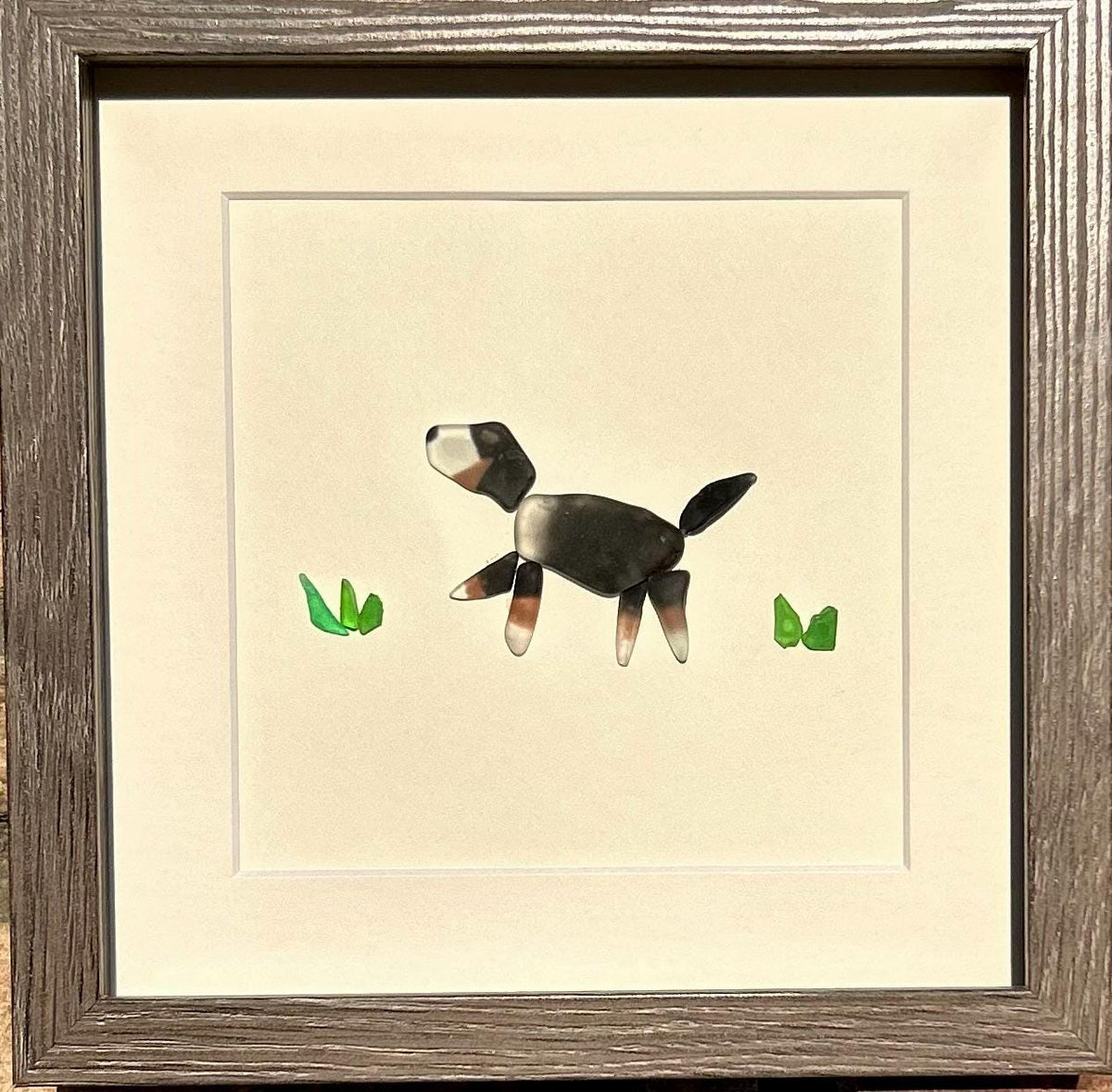 Bernese Mountain Dog Sea Glass Art | 9x9 Handmade Gift in Driftwood Frame | Unique Art for Dog Lovers | Bernedoodle Art