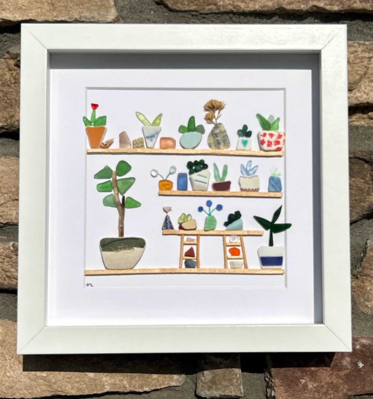Sea Glass Flowers on a Shelf Art | Plants on Shelves | Framed 9x9 Coastal Wall Decor with Shells & Pottery | Original Handmade Beach Artwork